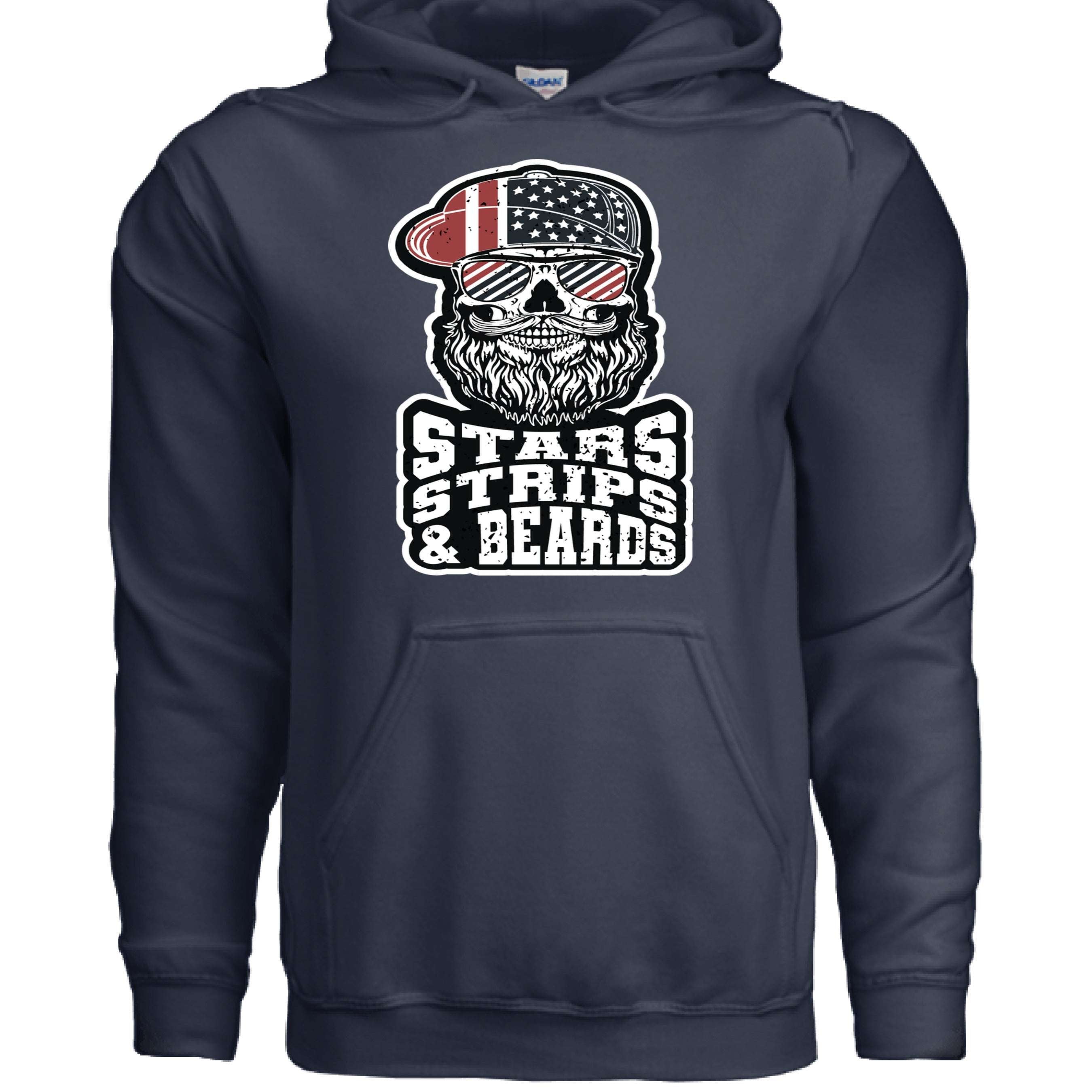Navy hoodie featuring a bearded skull graphic and the text Stars Strips And Beards, perfect for patriotic styles.