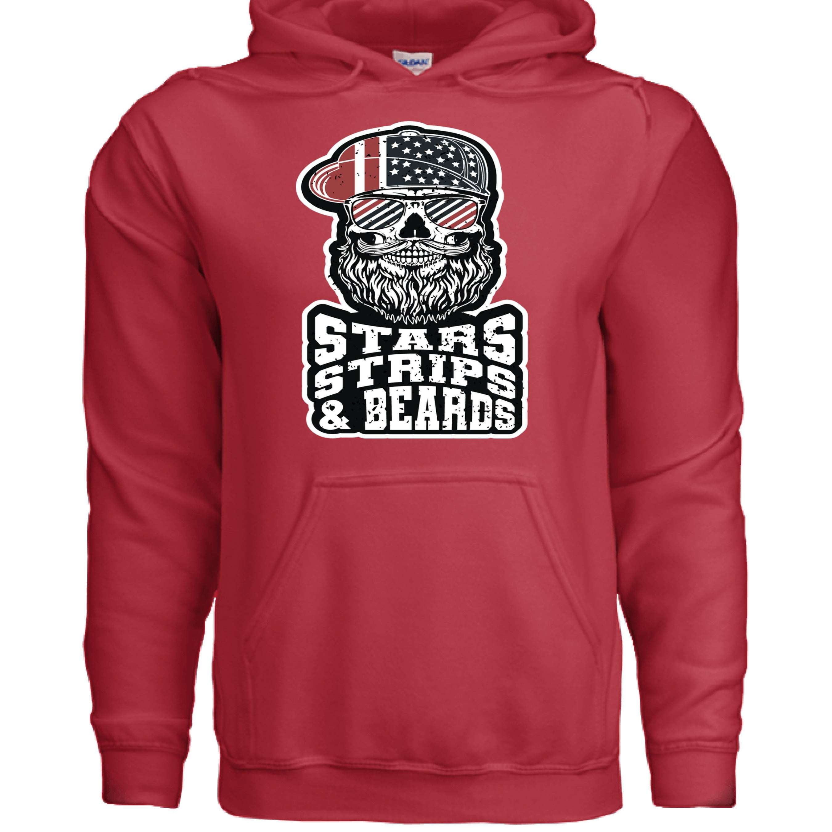 Stars Strips and Beards Patriotic Bearded Skull Hoodie front view  Stars Strips and Beards Patriotic Bearded Skull Hoodie graphic detail  Stars Strips and Beards Patriotic Bearded Skull Hoodie side angle  Patriotic beard skull hoodie close up