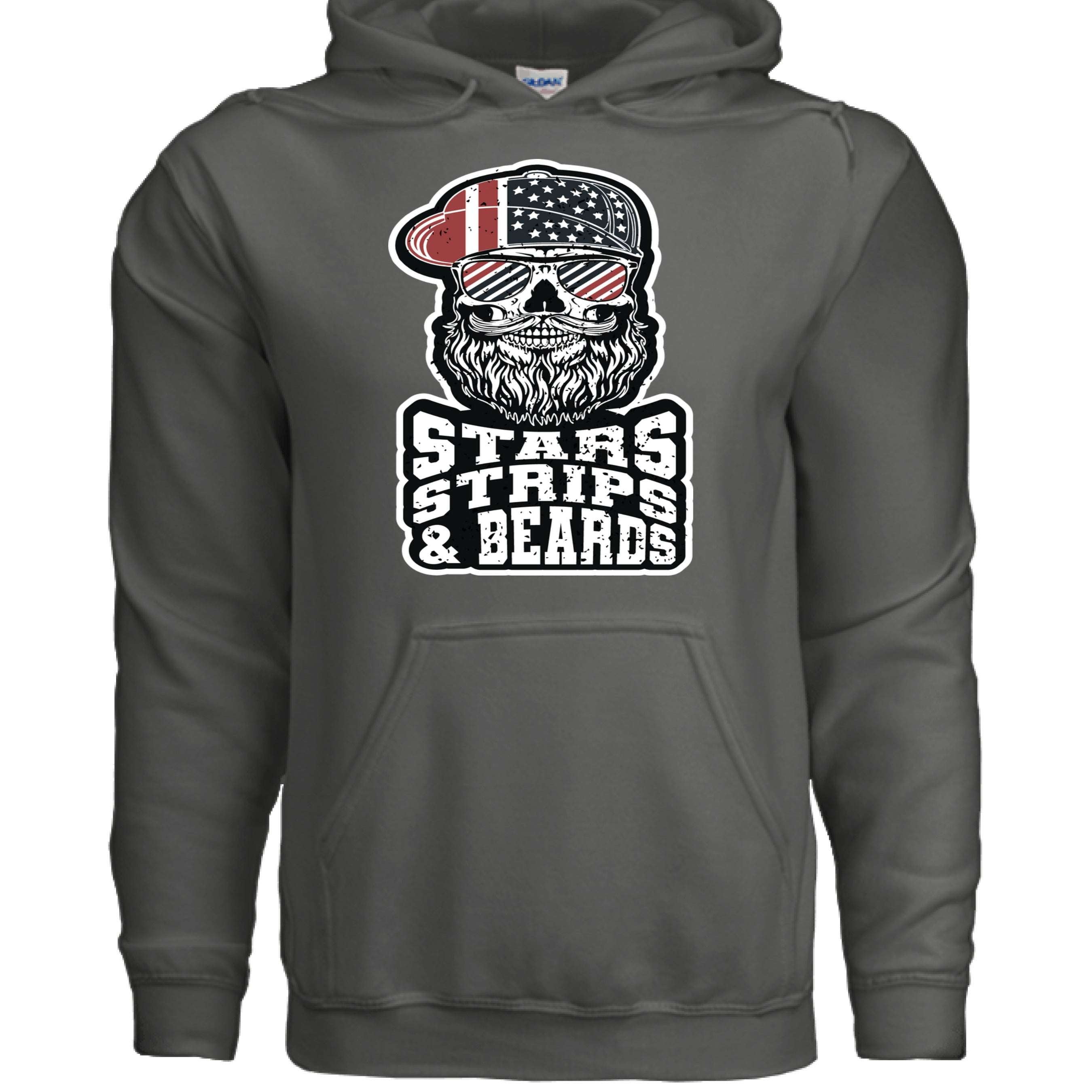 Stars Strips And Beards patriotic bearded skull hoodie with sunglasses and American flag design.