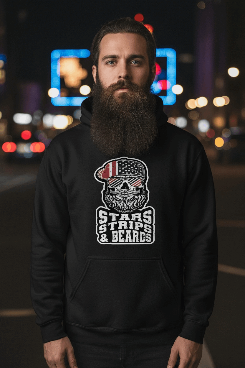 Stars Strips and Beards Patriotic Bearded Skull Hoodie front view  Stars Strips and Beards Patriotic Bearded Skull Hoodie graphic detail  Stars Strips and Beards Patriotic Bearded Skull Hoodie side angle,  Patriotic beard skull hoodie close up