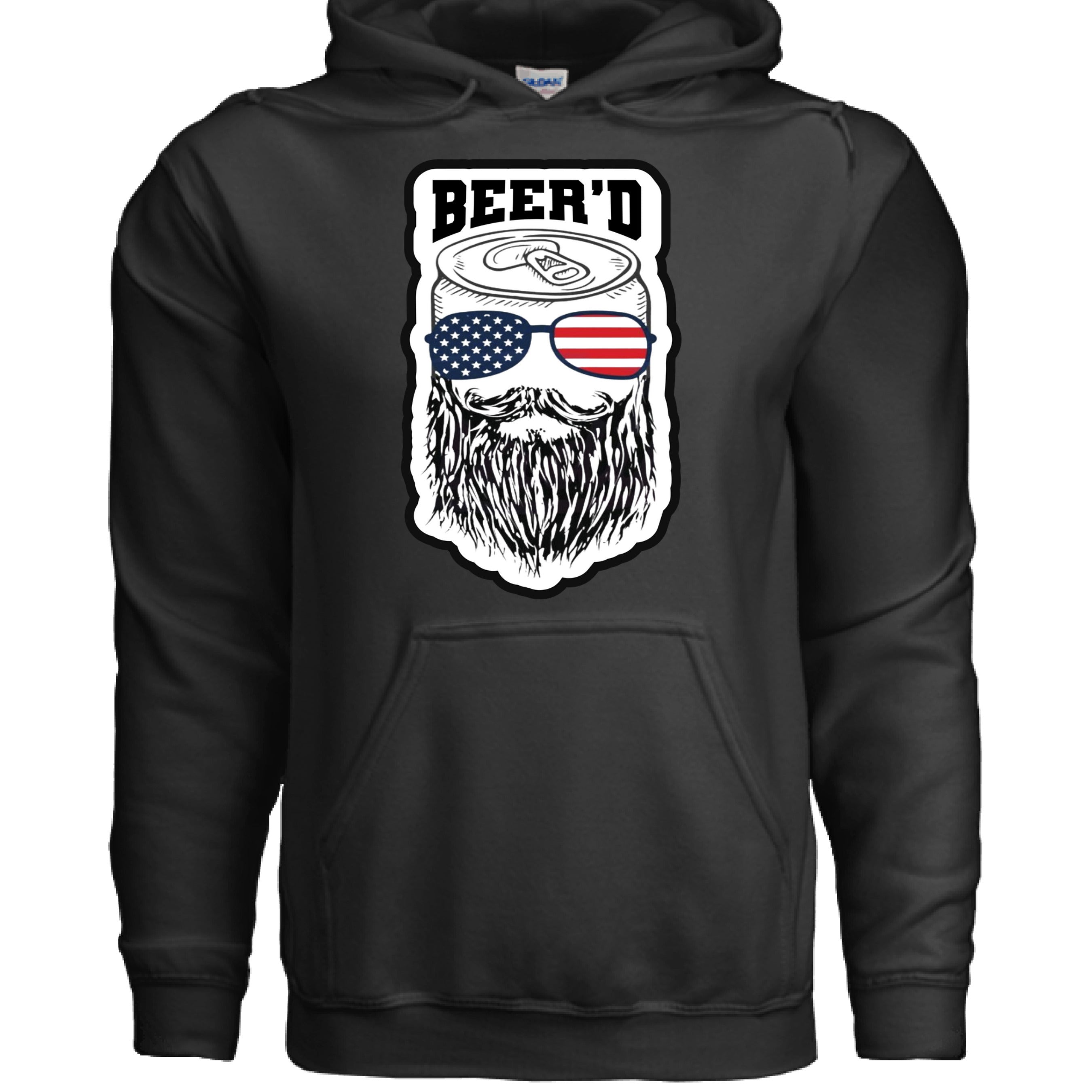 Patriotic Beer’d Bearded Beer Hoodie design featuring a bearded character with sunglasses and American flag colors.