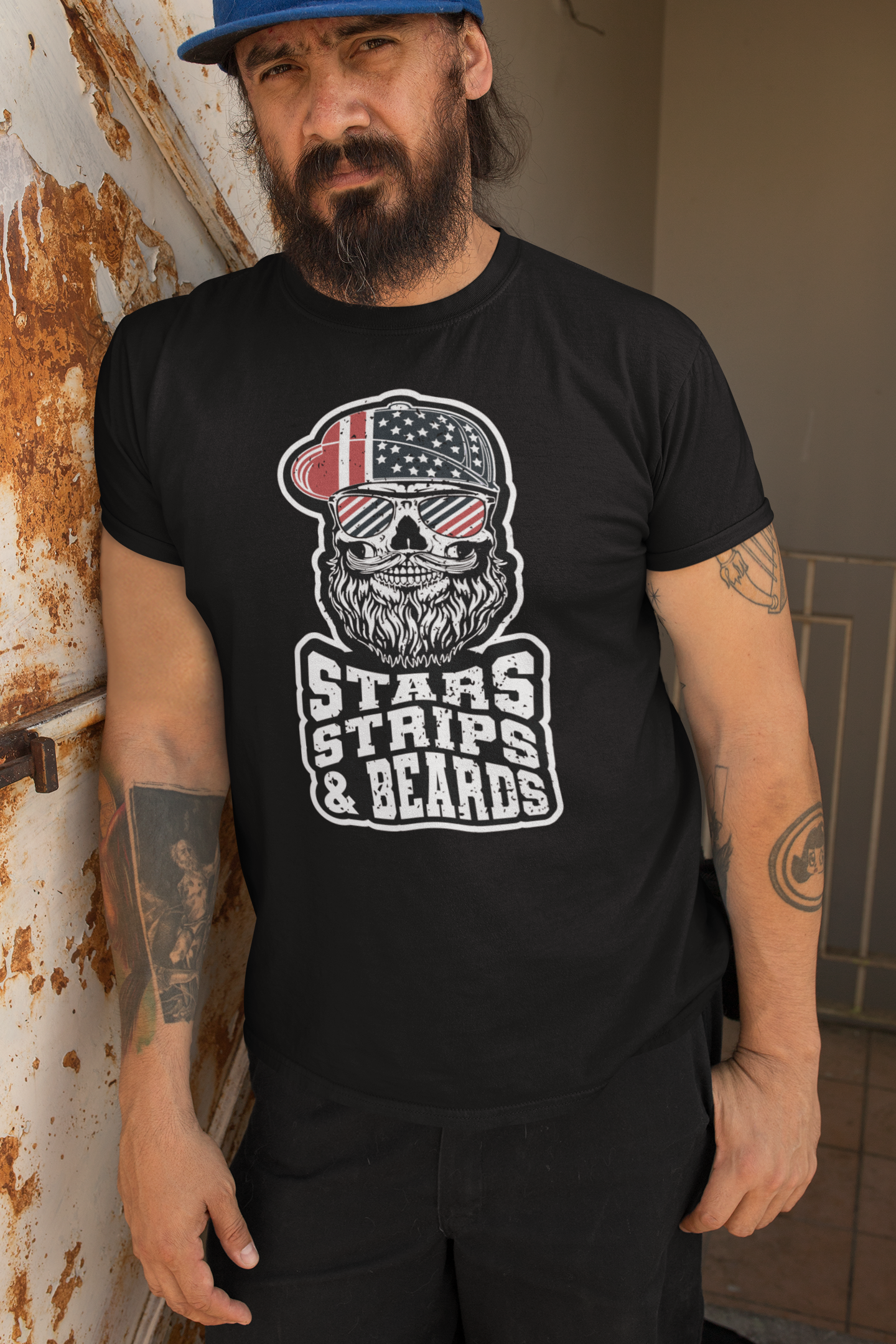 Patriotic Bearded Skull Art with Beard and Flag Reflections