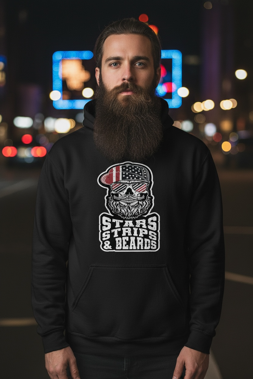 Man wearing a black hoodie featuring a bearded skull design with the text 'STARS STRIPS & BEARDS' in a patriotic style.