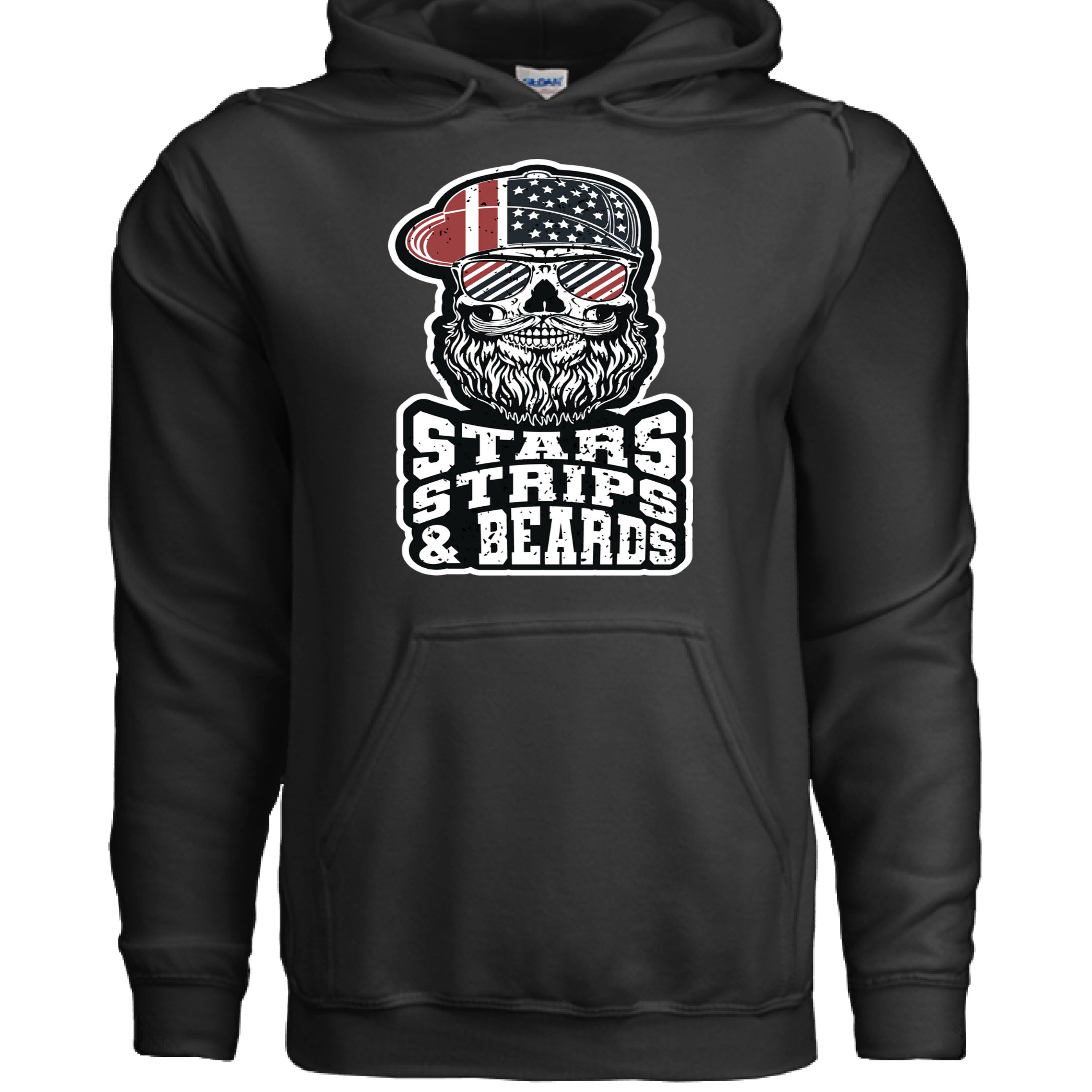 Stars Strips And Beards Patriotic Bearded Skull Hoodie in black with an American flag design.