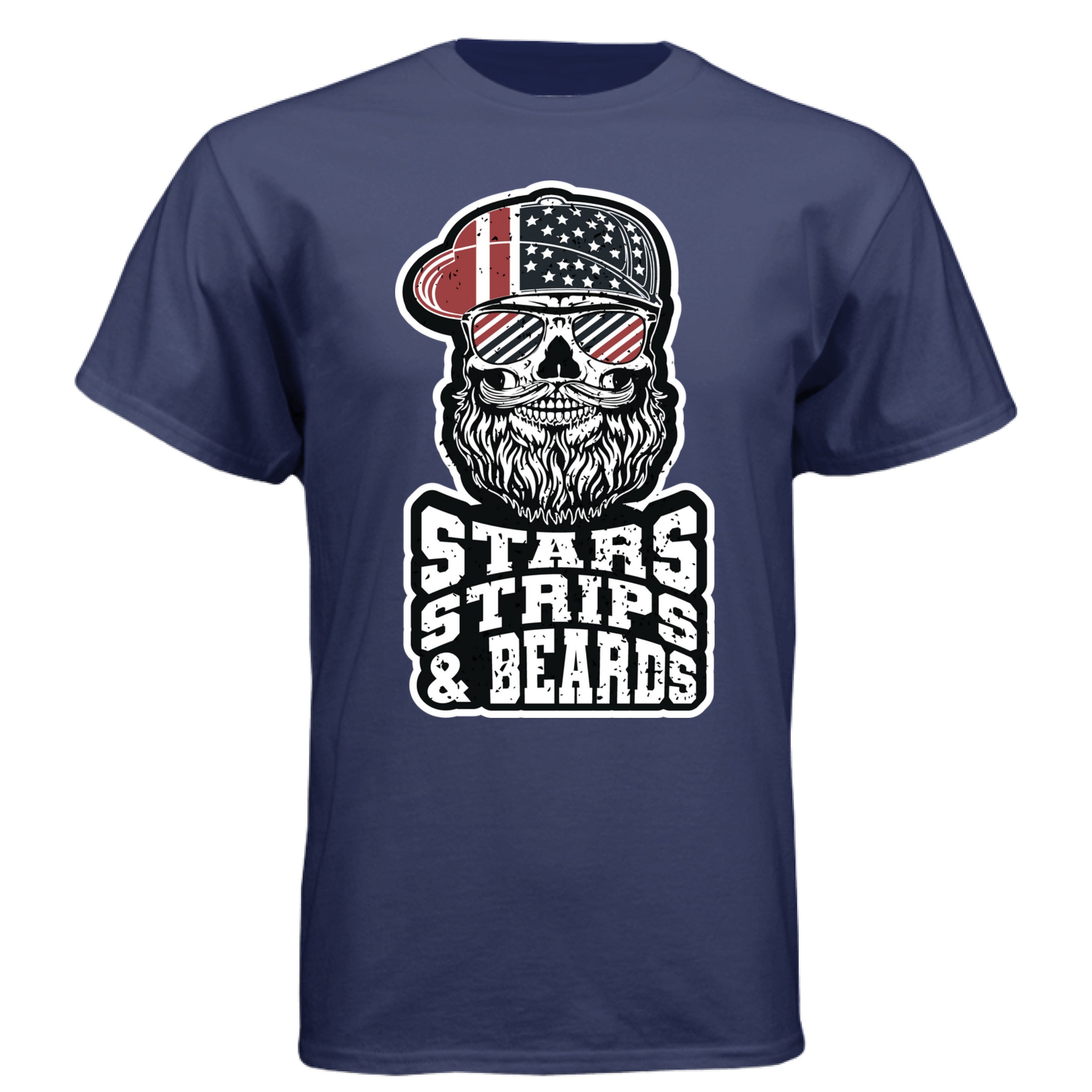 Patriotic Skull Art with Beard and Flag Reflections Tee Shirt NAVY - FRONT