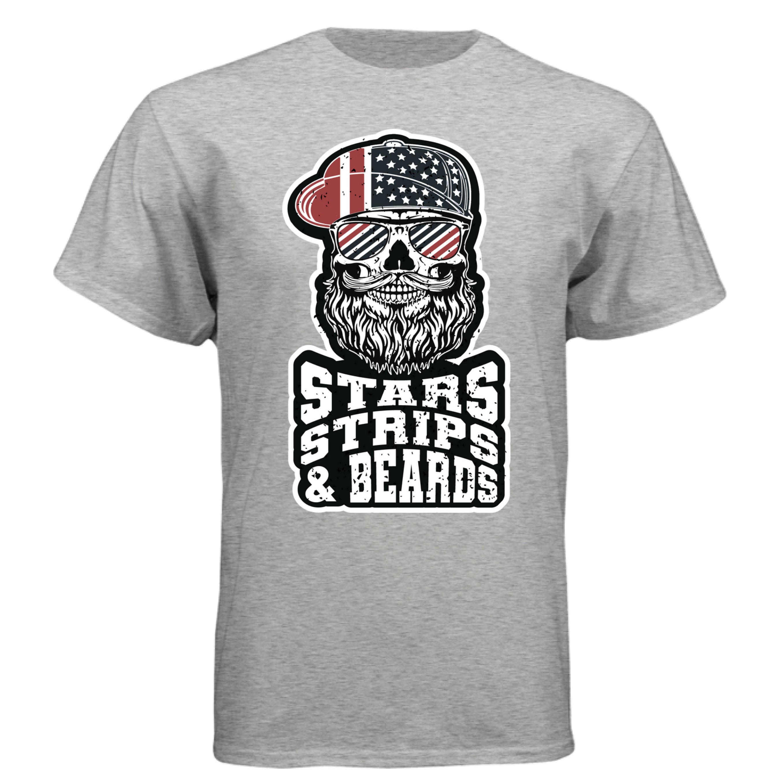 Patriotic Skull Art with Beard and Flag Reflections Tee Shirt LIGHT STEEL - FRONT