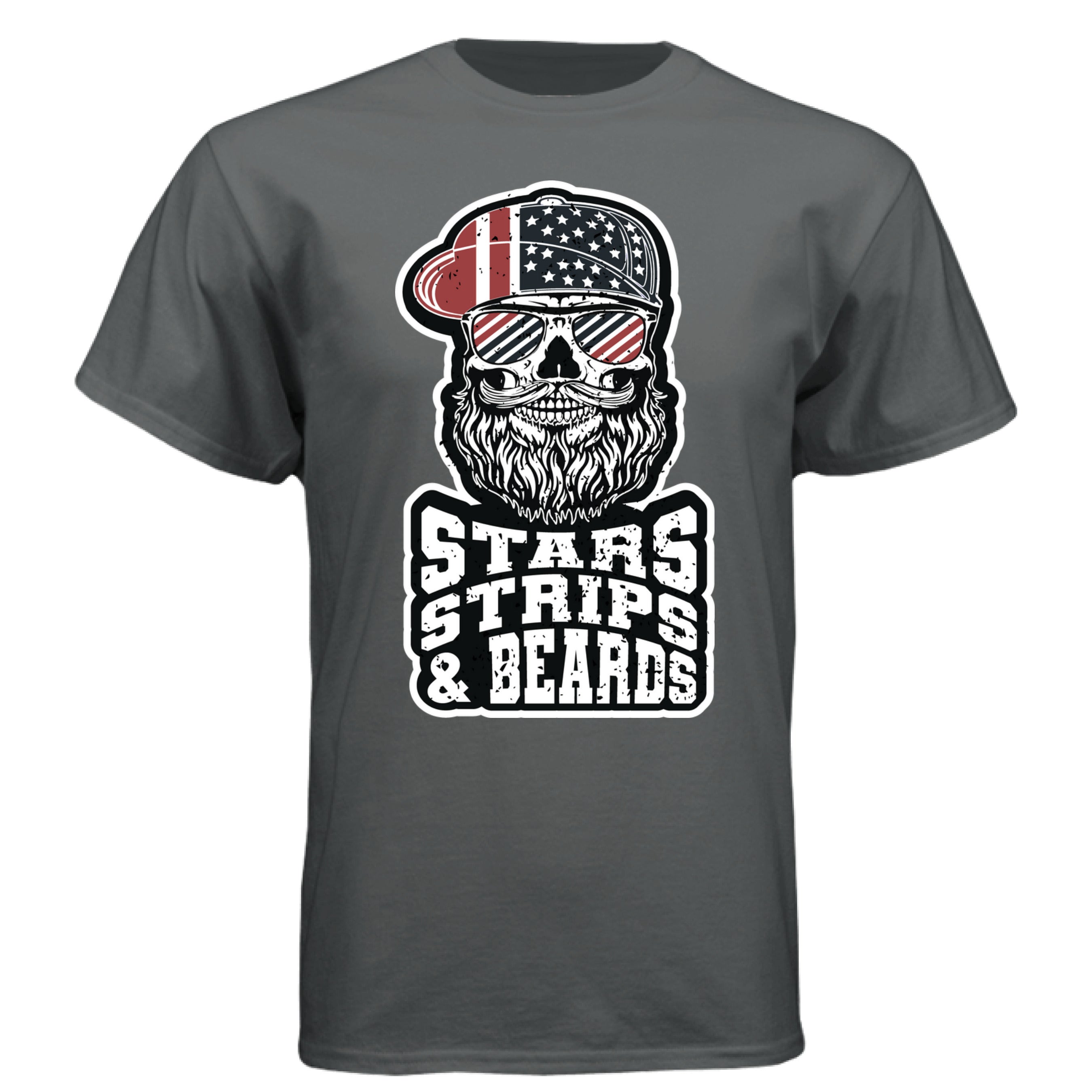 Patriotic Skull Art with Beard and Flag Reflections Tee Shirt CHARCOAL HEATHER - FRONT