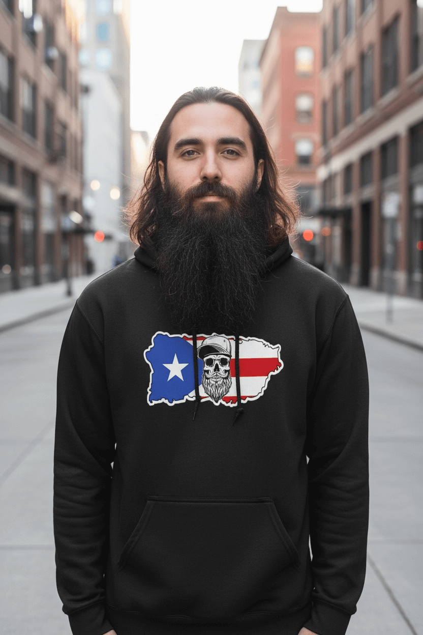 Puerto Rico Bearded Skull Hoodie Island Pride Bearded Power front view , Puerto Rico Bearded Skull Hoodie Island Pride bearded skull graphic , Puerto Rico Bearded Skull Hoodie side profile,  Bearded island pride Puerto Rico skull design close up