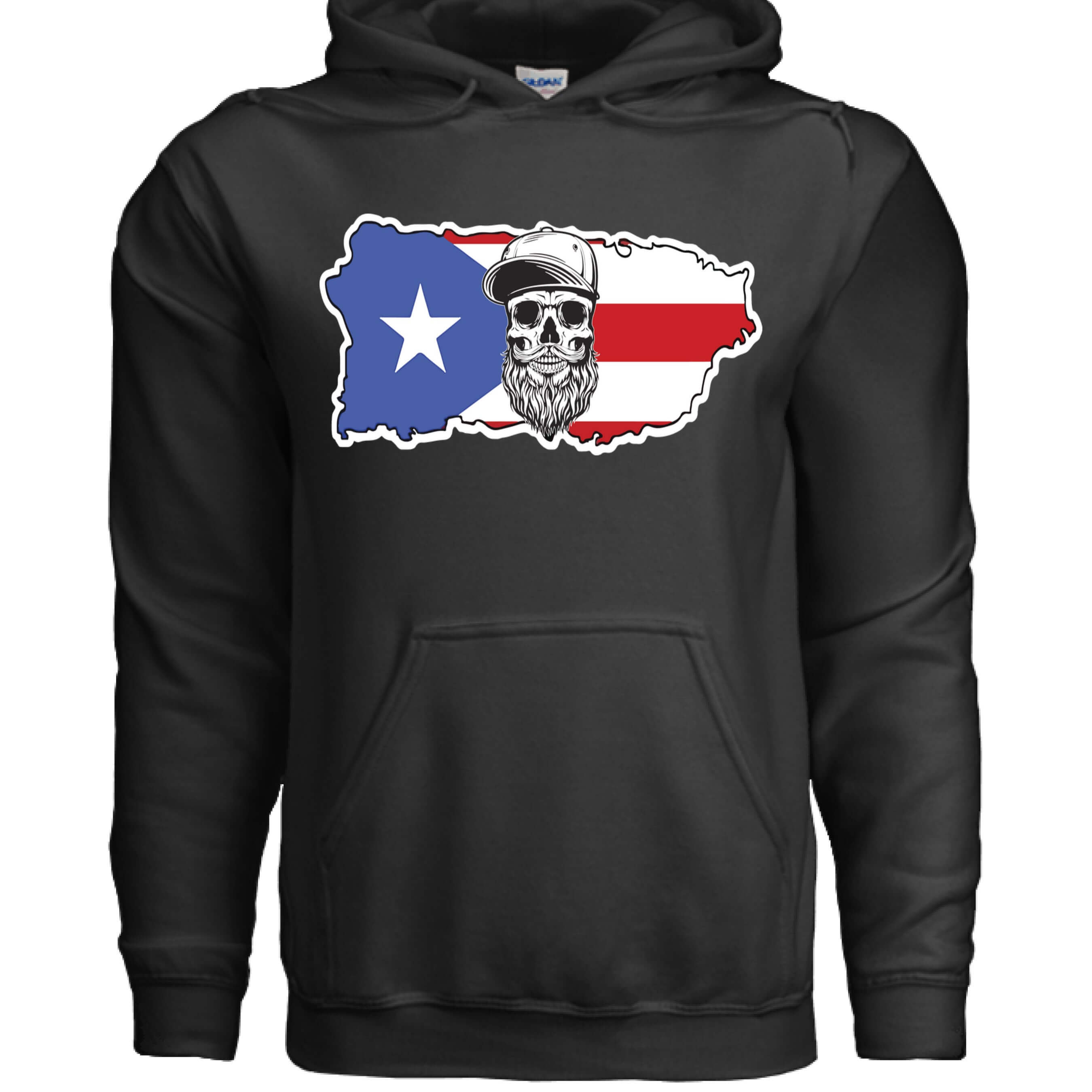 Puerto Rico Bearded Skull Hoodie Island Pride Bearded Power front view , Puerto Rico Bearded Skull Hoodie Island Pride bearded skull graphic , Puerto Rico Bearded Skull Hoodie side profile,  Bearded island pride Puerto Rico skull design close up