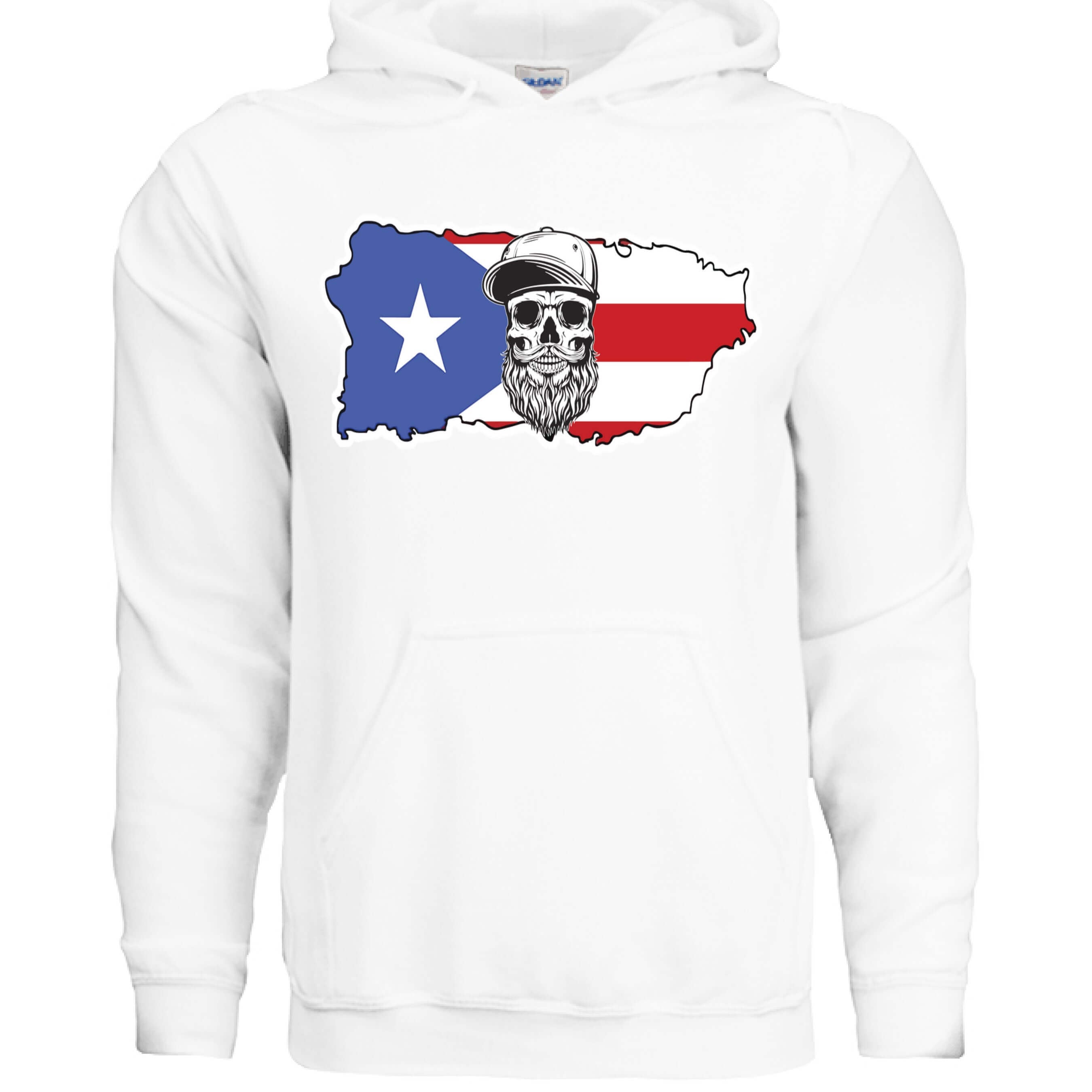 Puerto Rico Bearded Skull Hoodie Island Pride Bearded Power front view , Puerto Rico Bearded Skull Hoodie Island Pride bearded skull graphic , Puerto Rico Bearded Skull Hoodie side profile,  Bearded island pride Puerto Rico skull design close up
