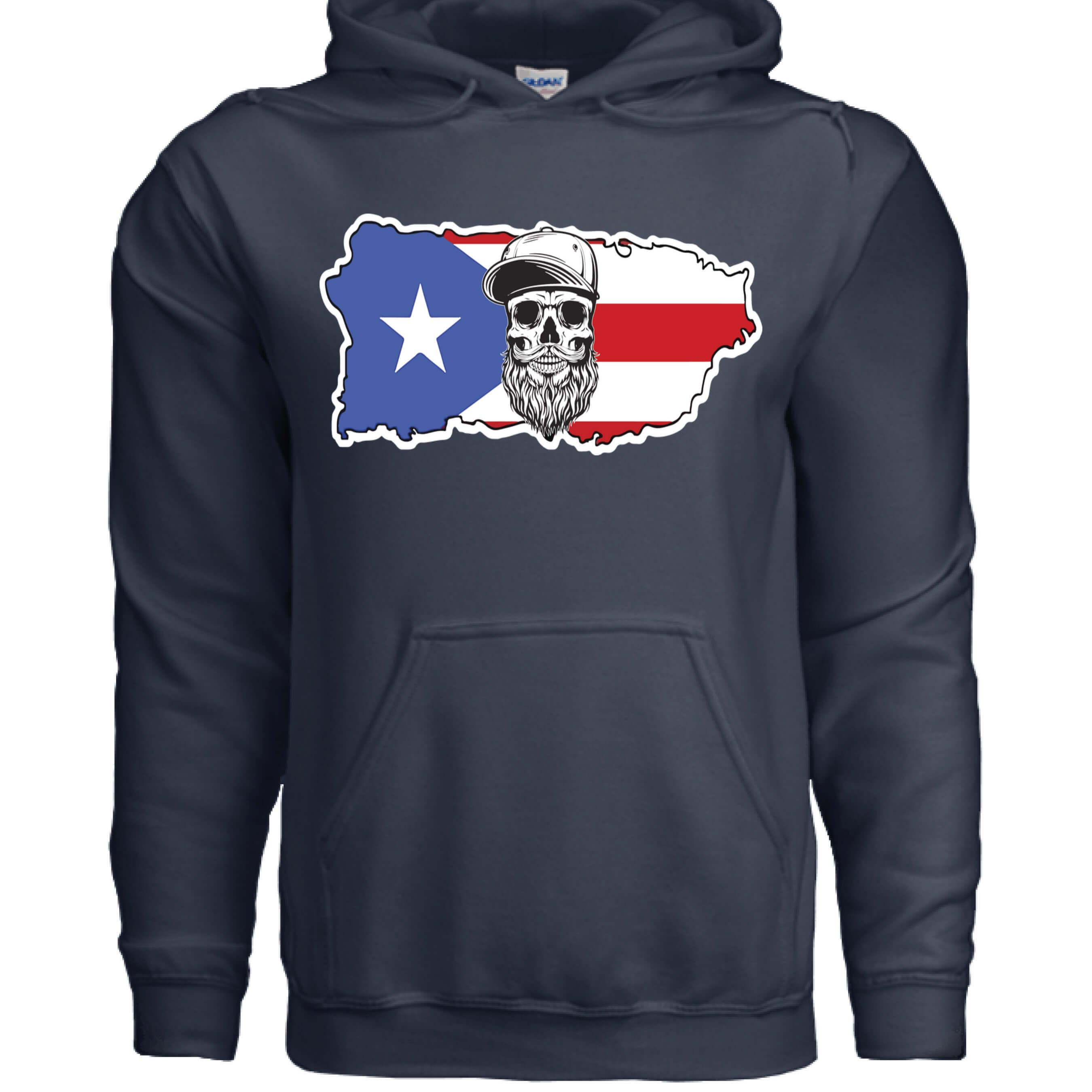 Puerto Rico Bearded Skull Hoodie Island Pride Bearded Power front view , Puerto Rico Bearded Skull Hoodie Island Pride bearded skull graphic , Puerto Rico Bearded Skull Hoodie side profile,  Bearded island pride Puerto Rico skull design close up