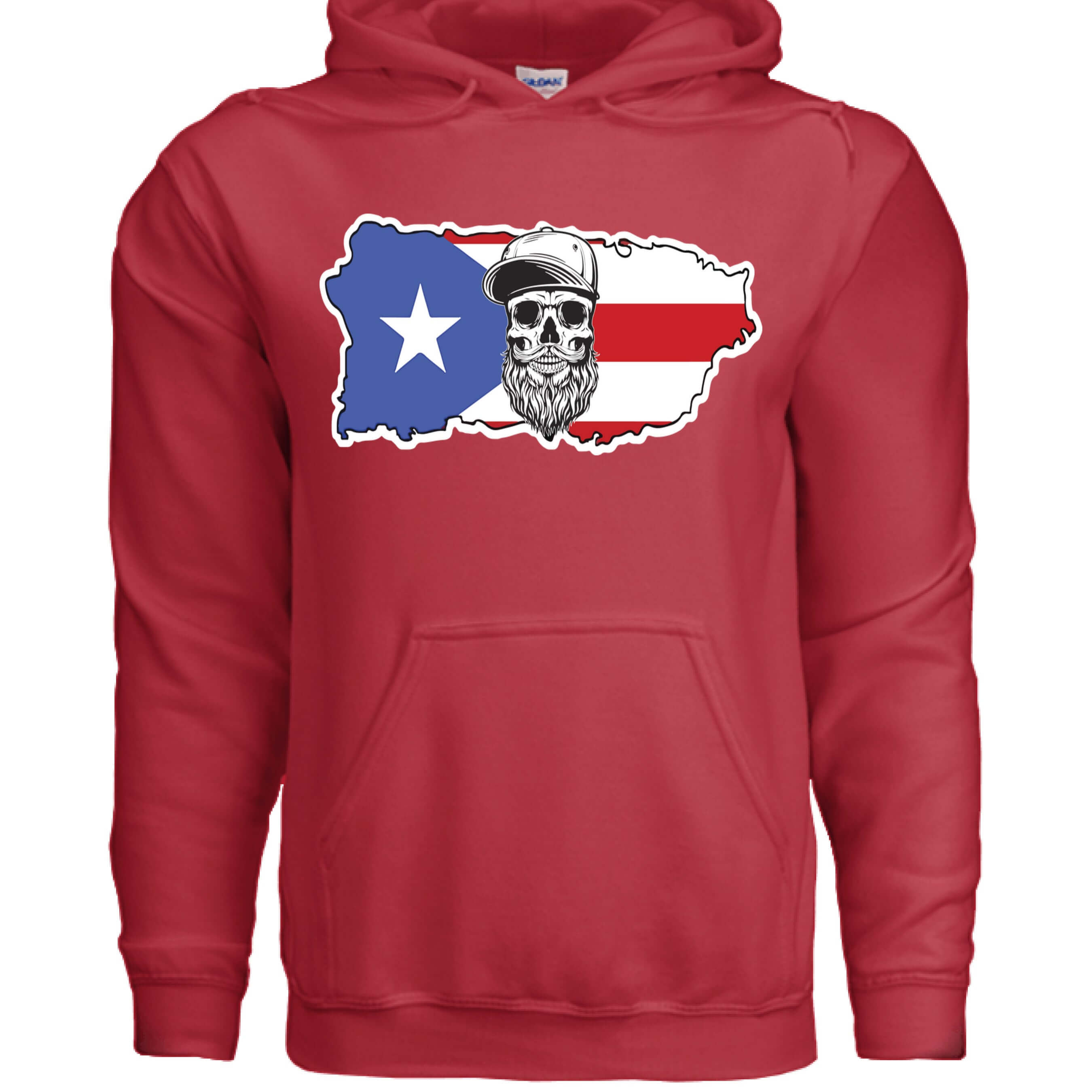 Puerto Rico Bearded Skull Hoodie Island Pride Bearded Power front view , Puerto Rico Bearded Skull Hoodie Island Pride bearded skull graphic , Puerto Rico Bearded Skull Hoodie side profile,  Bearded island pride Puerto Rico skull design close up