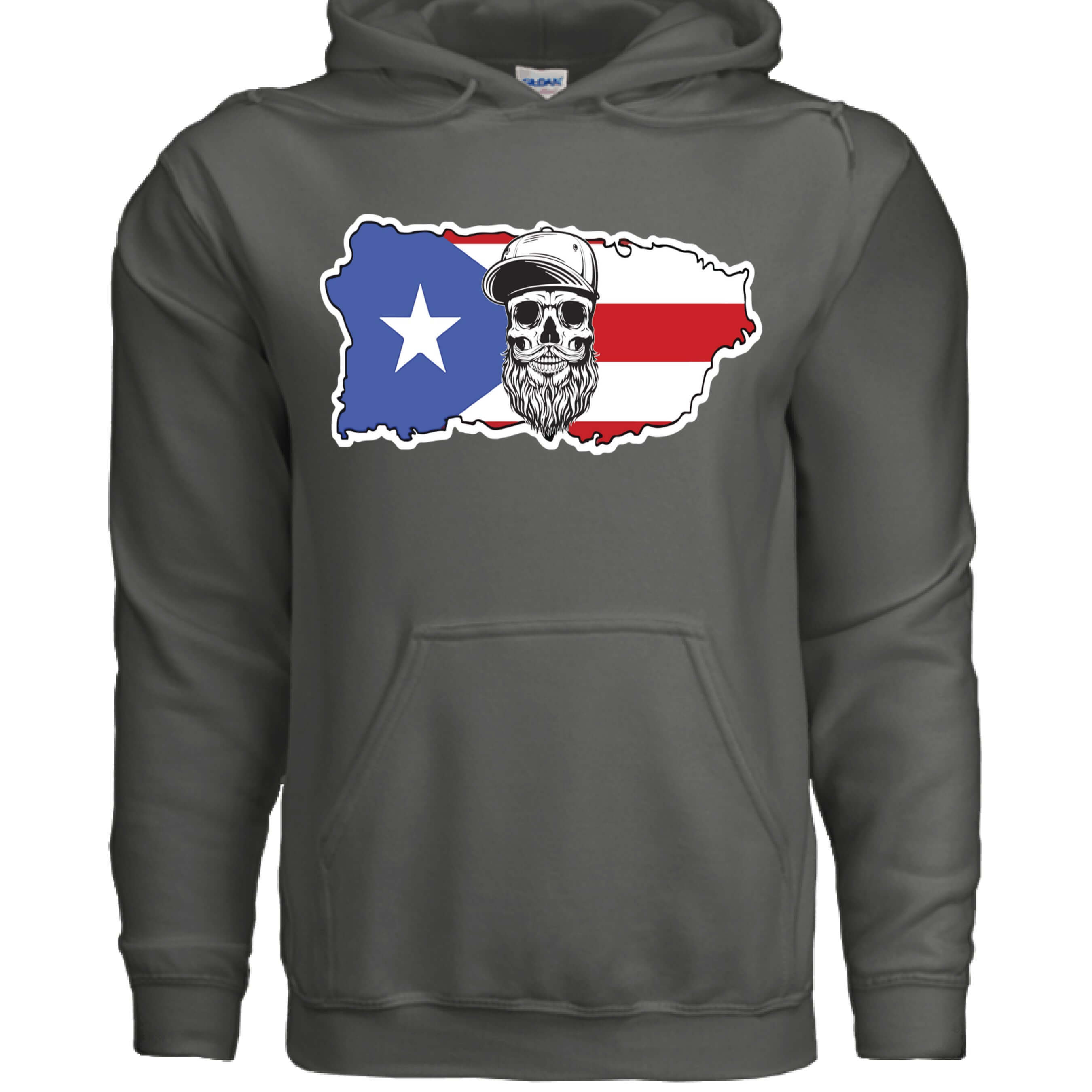 Puerto Rico Bearded Skull Hoodie Island Pride Bearded Power front view , Puerto Rico Bearded Skull Hoodie Island Pride bearded skull graphic , Puerto Rico Bearded Skull Hoodie side profile,  Bearded island pride Puerto Rico skull design close up