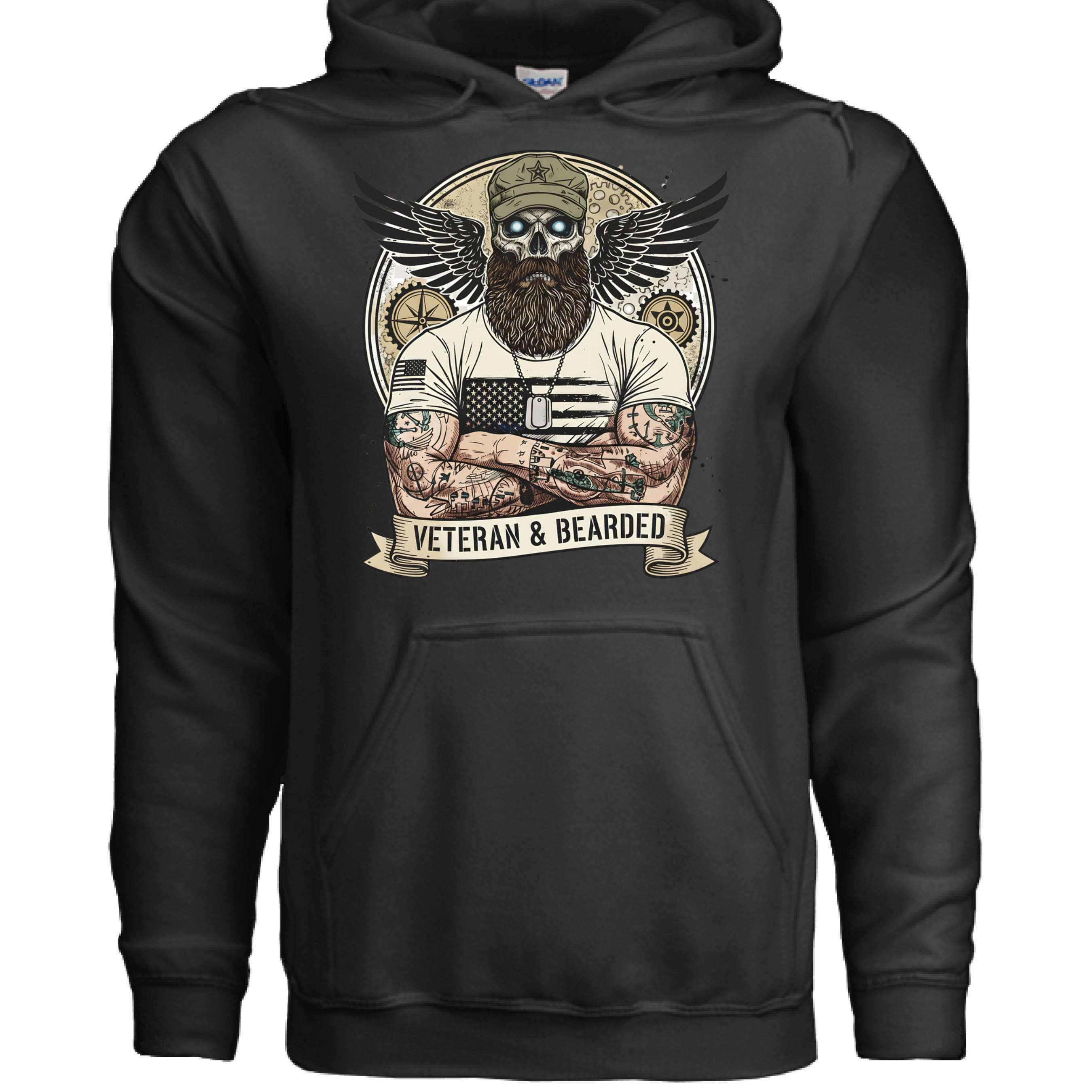 Rugged Veterans Bearded Warrior Skull Hoodie Beard Military BLACK - FRONT
