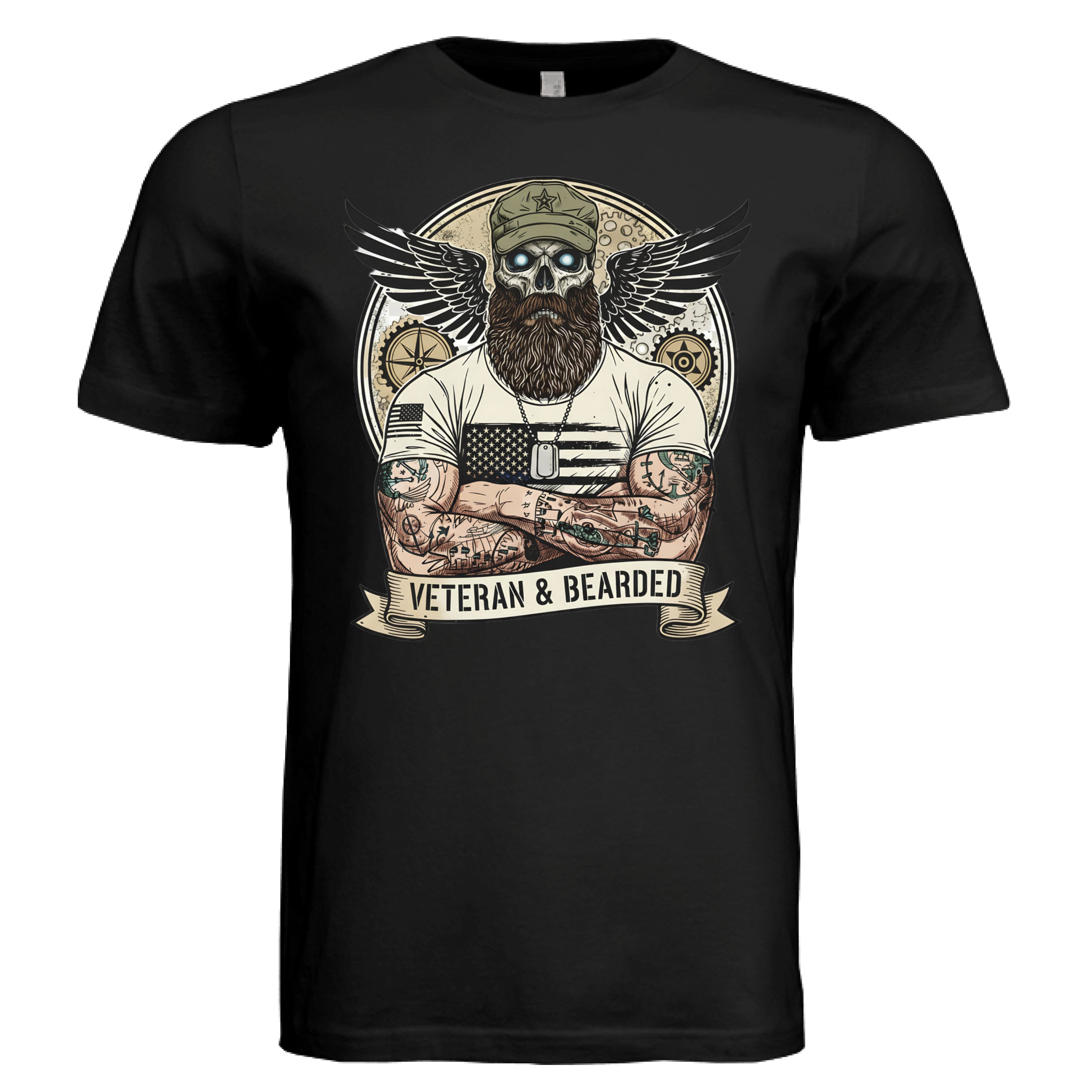 Rugged Bearded Warrior Skull Illustration T- Shirt with Beard Military-Themed Art BLACK - FRONT