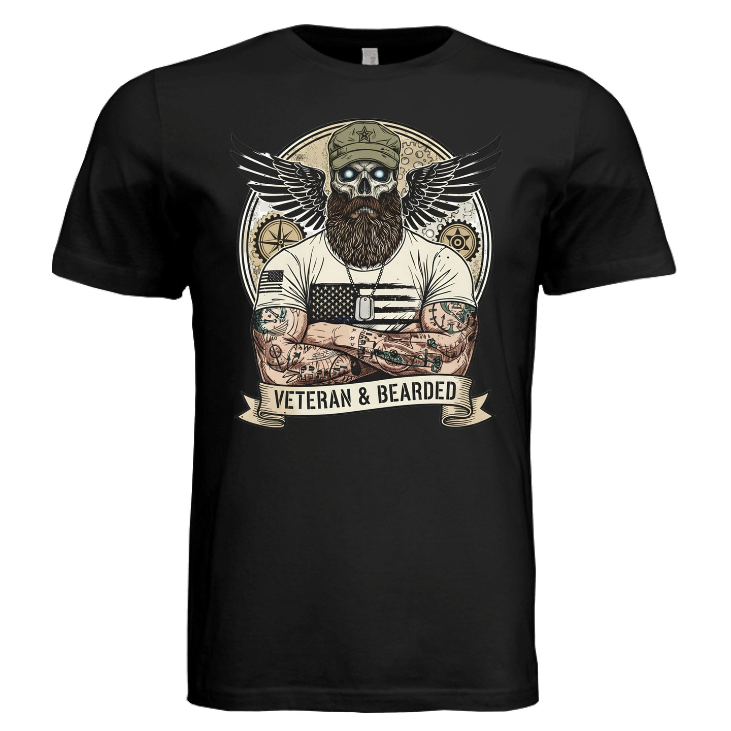 Rugged Veterans Bearded Warrior Skull T- Shirt Beard Military
