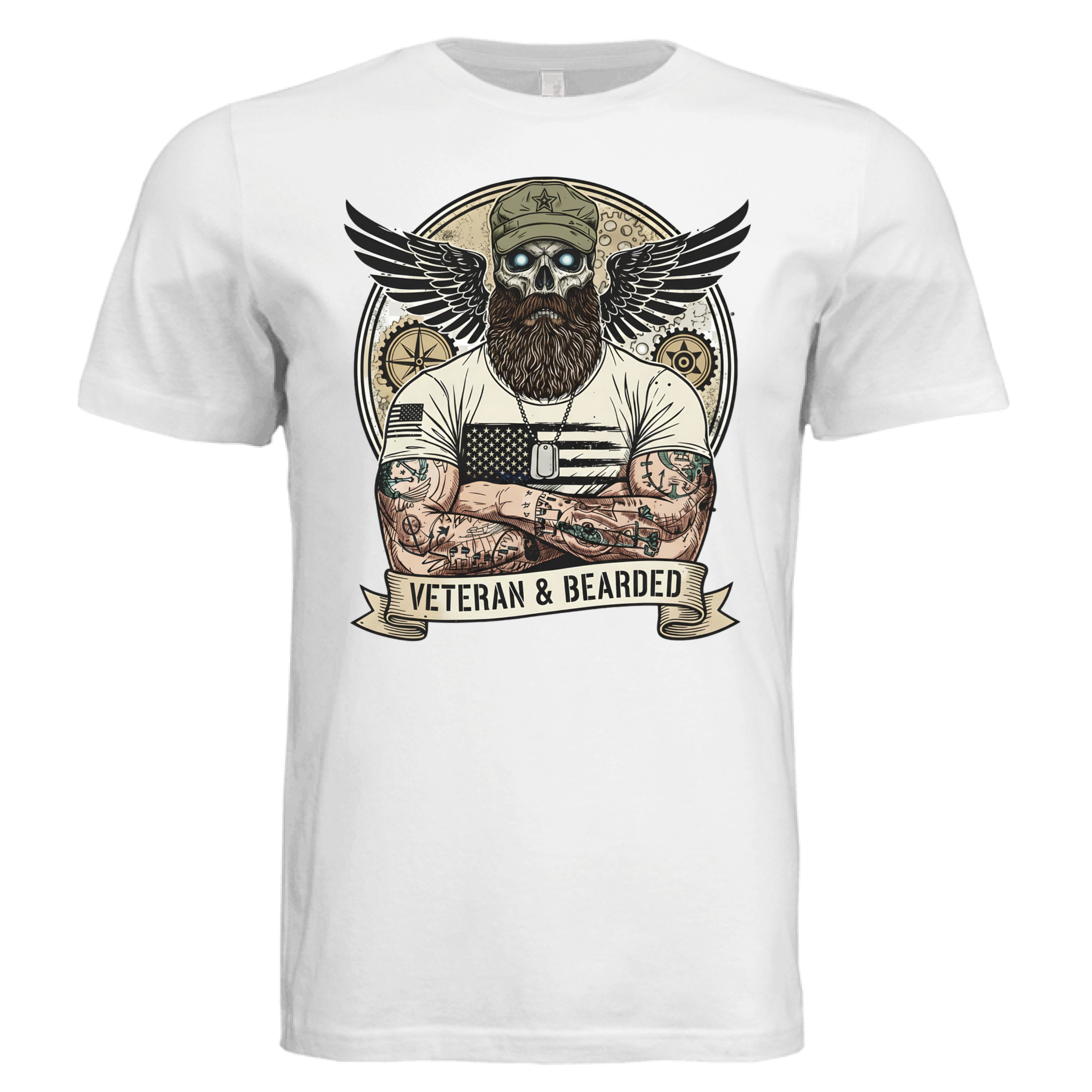 Rugged Bearded Warrior Skull Illustration T- Shirt with Beard Military-Themed Art WHITE - FRONT