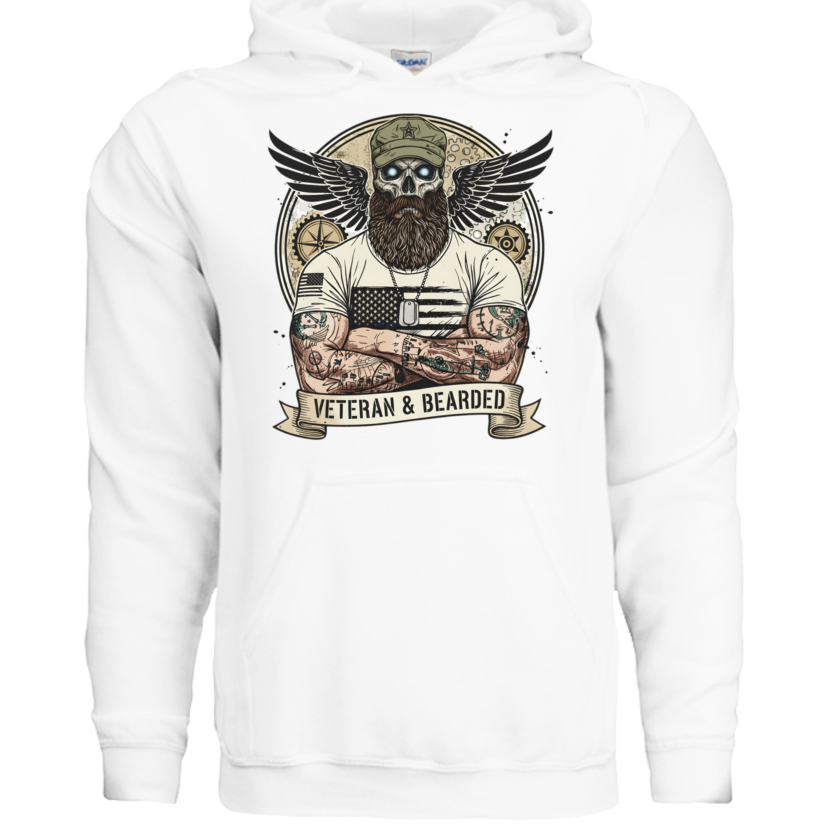 Rugged Veterans Bearded Warrior Skull Hoodie Beard Military WHITE - FRONT