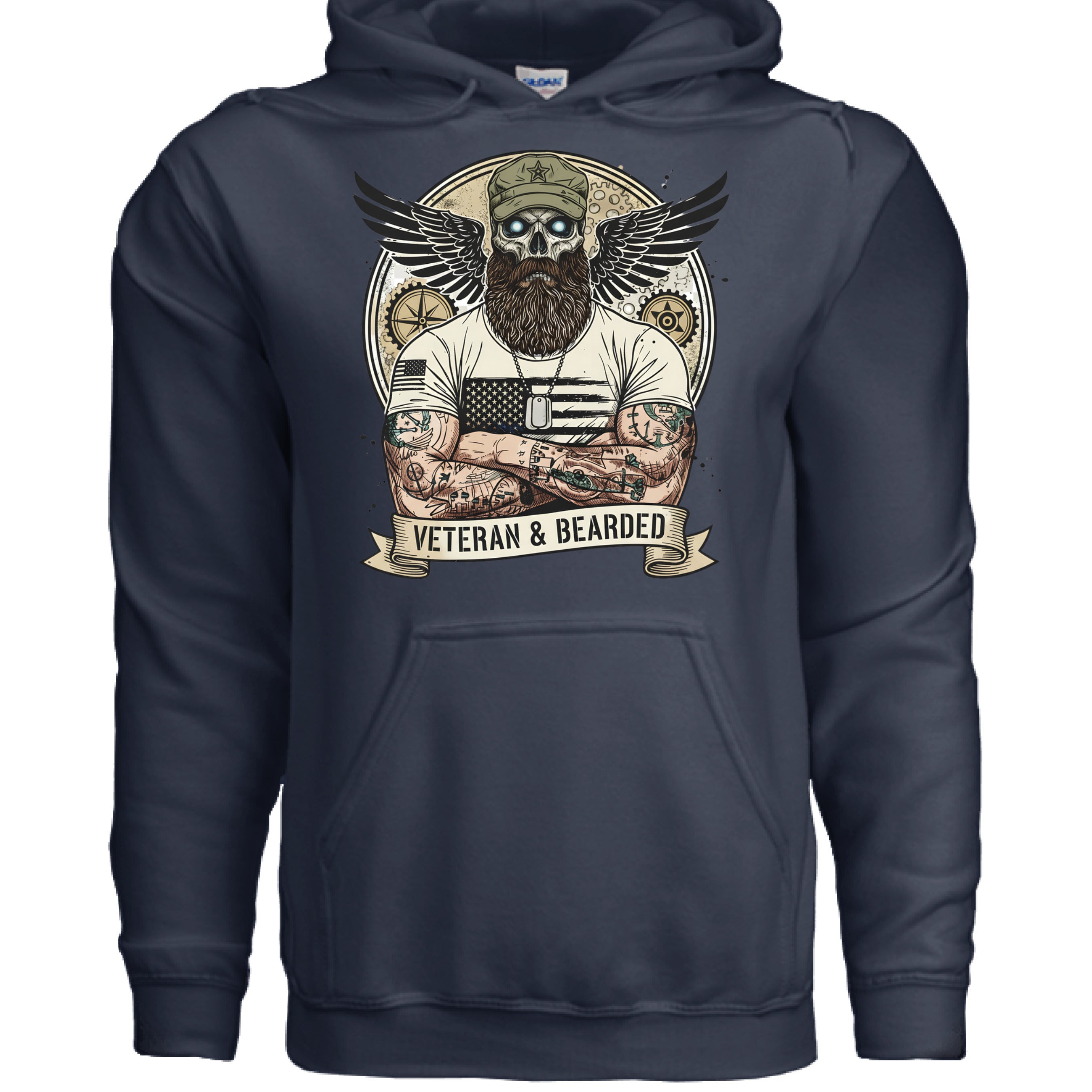Rugged Veterans Bearded Warrior Skull Hoodie Beard Military NAVY - FRONT