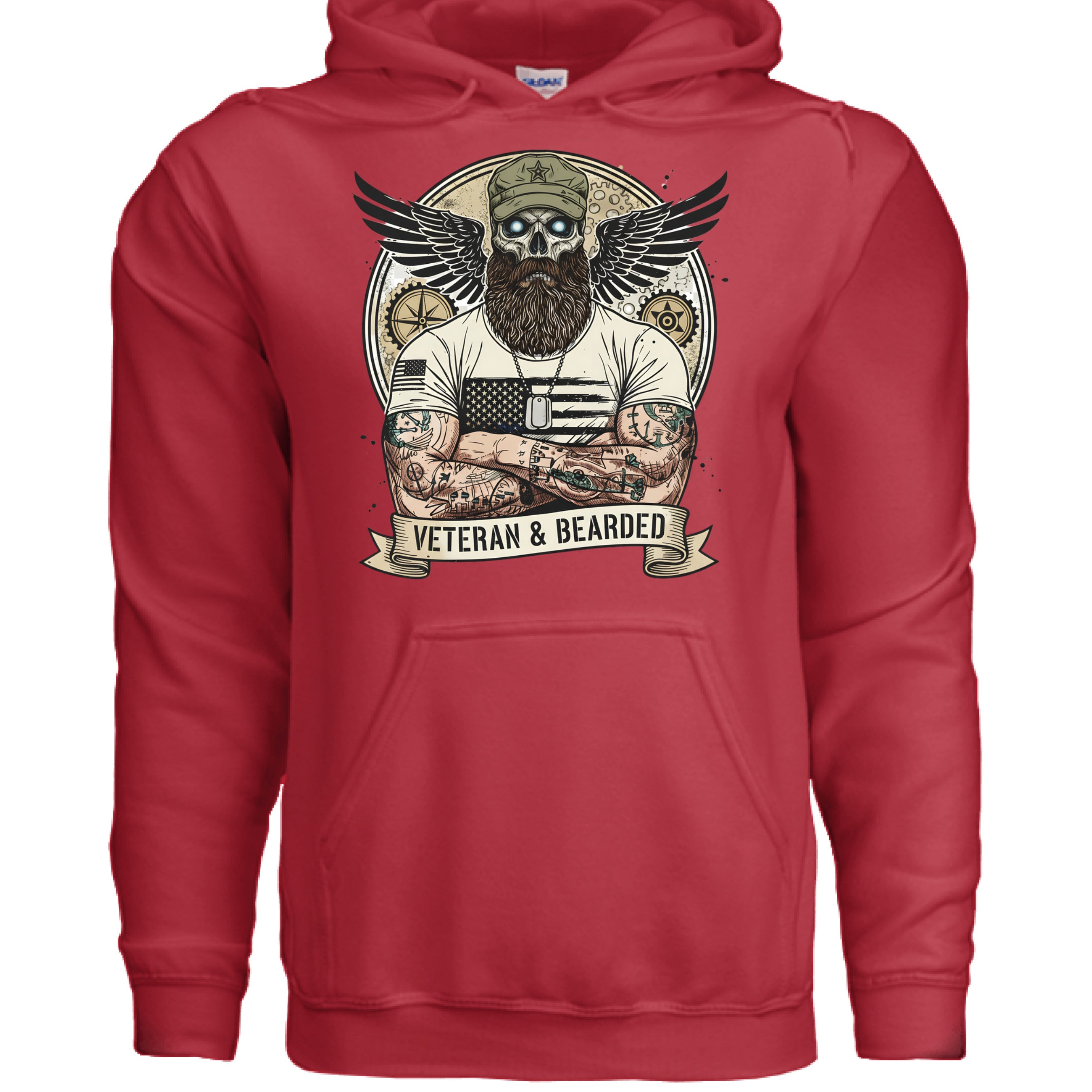 Rugged Veterans Bearded Warrior Skull Hoodie Beard Military RED - FRONT