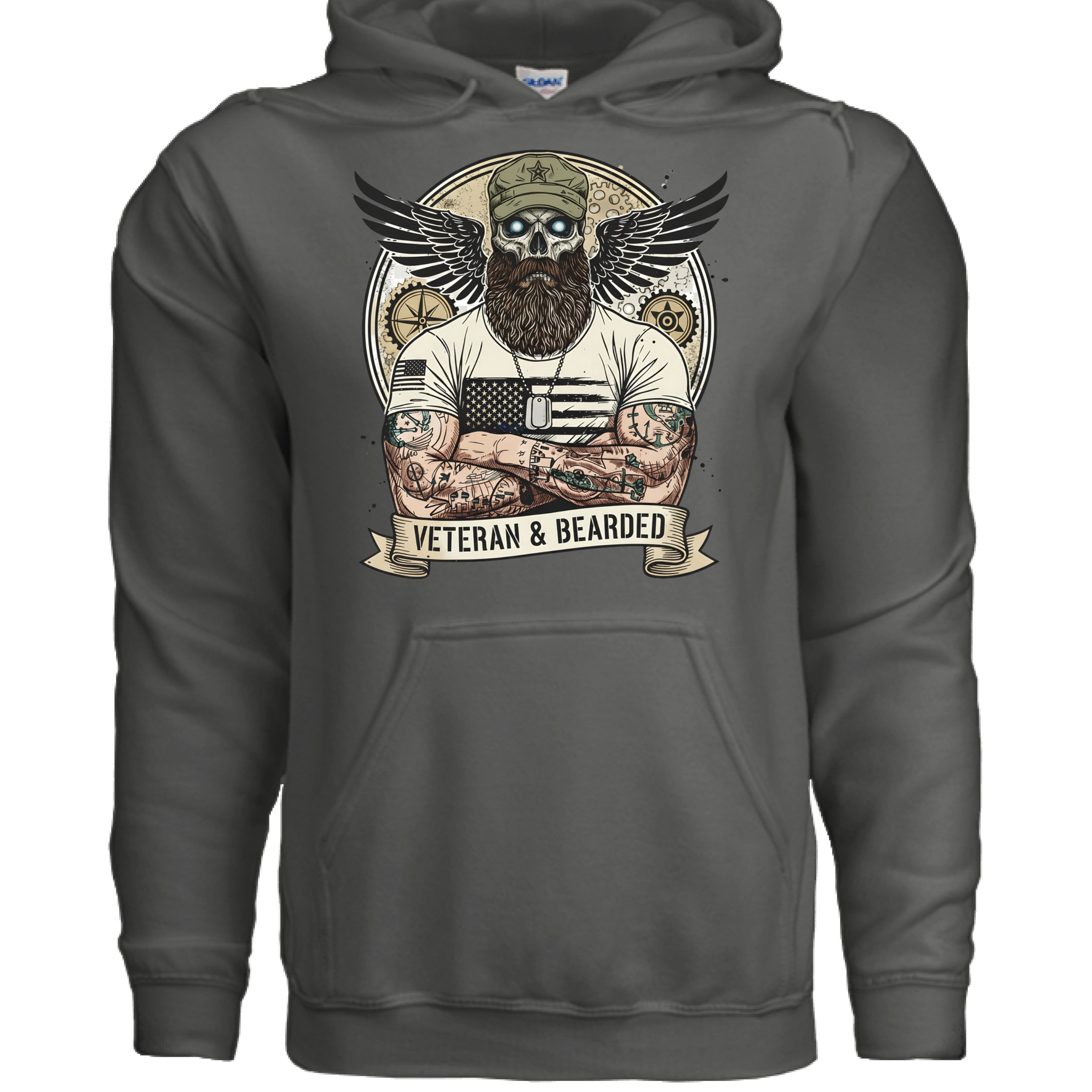 Rugged Veterans Bearded Warrior Skull Hoodie Beard Military CHARCOAL - FRONT