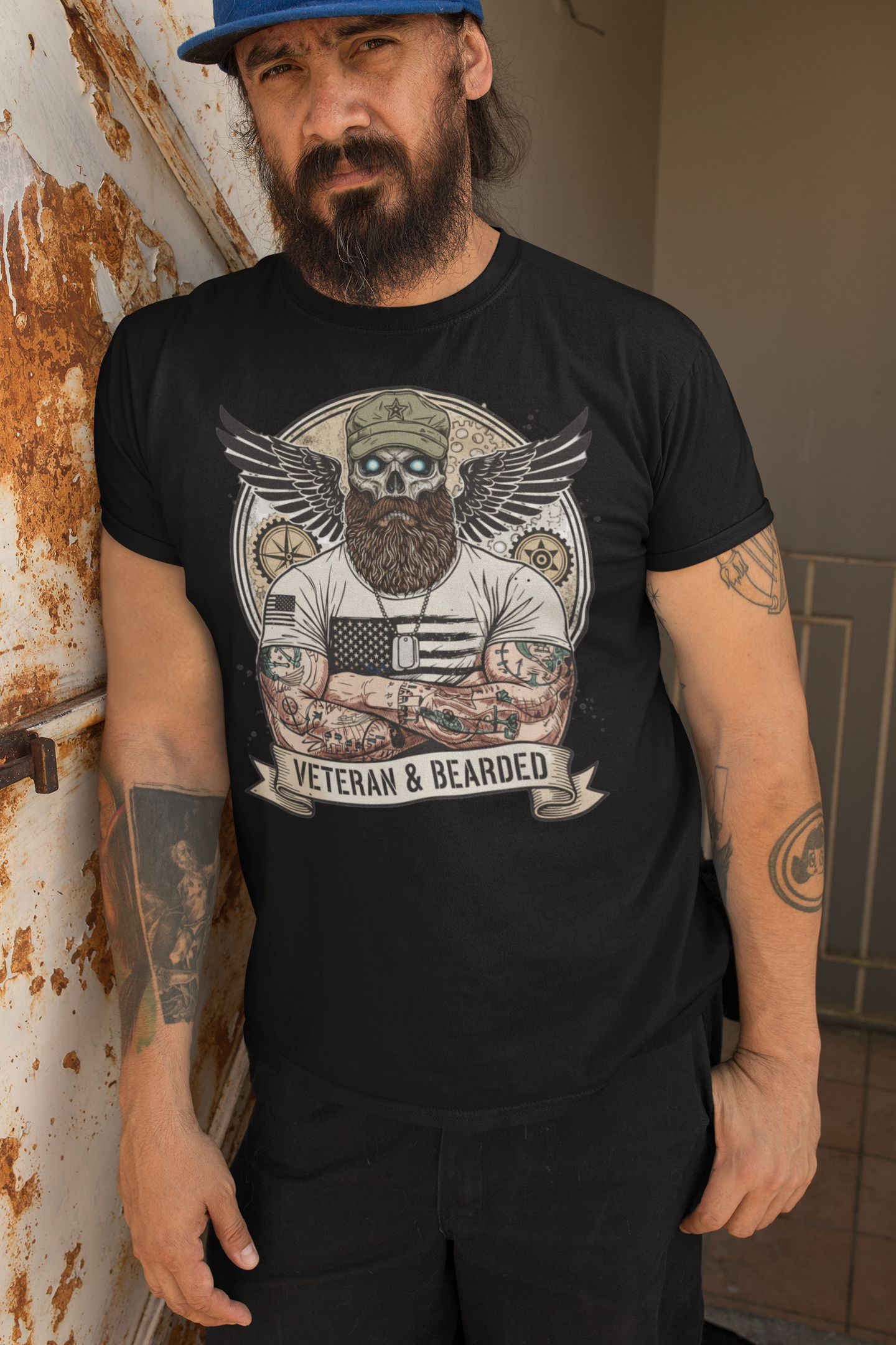 Rugged Veterans Bearded Warrior Skull T- Shirt Beard Military