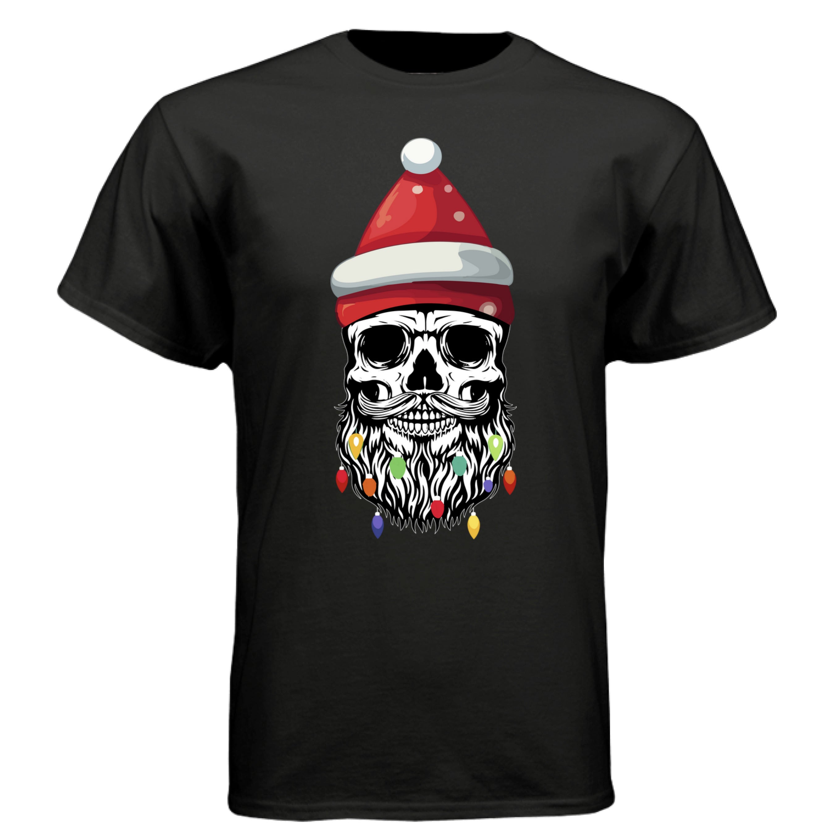 Skull Christmas Tee Shirt Design Festive Beard Art with Holiday Lights BLACK - FRONT