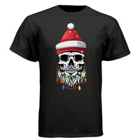 Skull Christmas Tee Shirt Design Festive Beard Art with Holiday Lights BLACK - FRONT