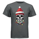 Skull Christmas Tee Shirt Design Festive Beard Art with Holiday Lights CHARCOAL HEATHER - FRONT