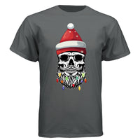 Skull Christmas Tee Shirt Design Festive Beard Art with Holiday Lights CHARCOAL HEATHER - FRONT