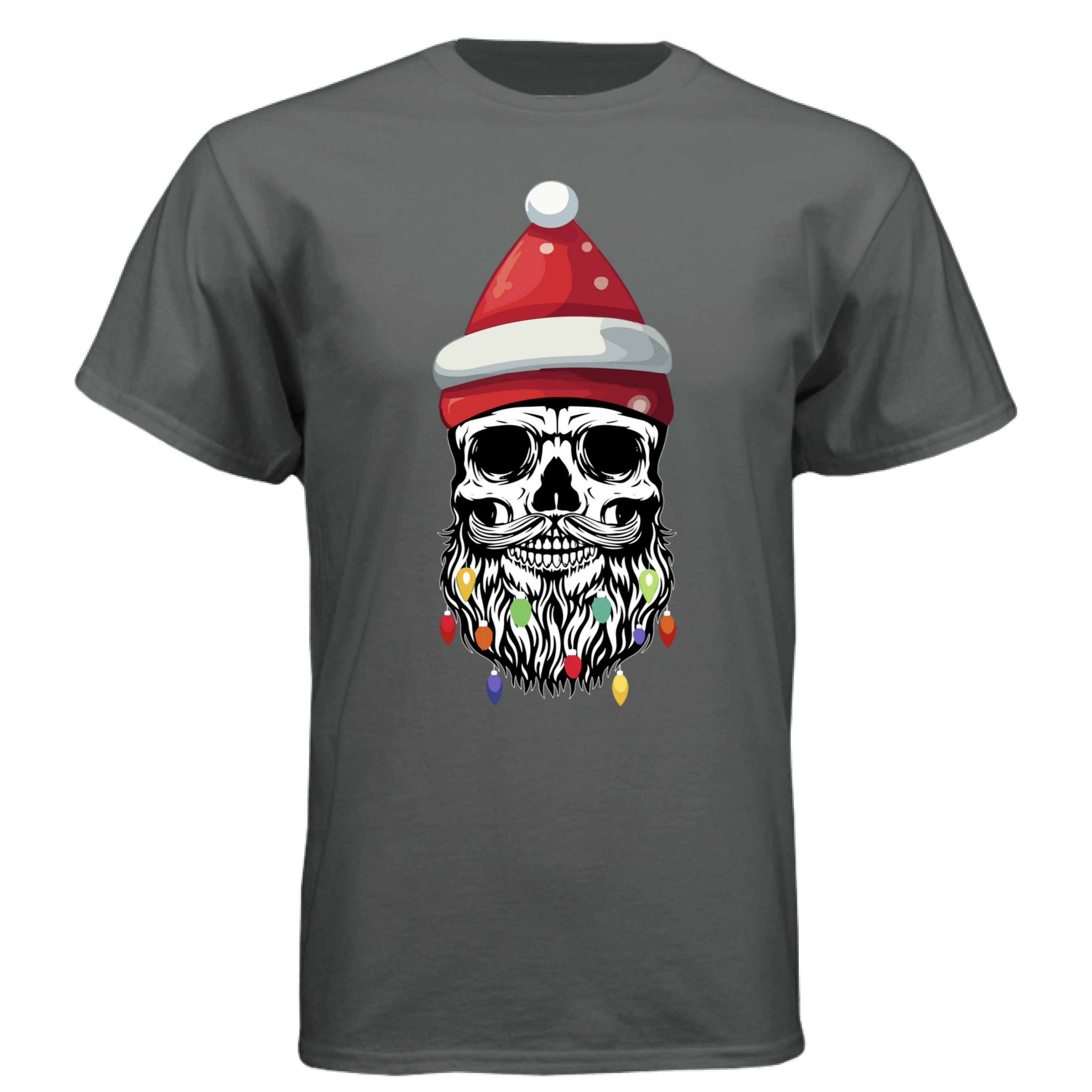 Skull Christmas Tee Shirt Design Festive Beard Art with Holiday Lights CHARCOAL HEATHER - FRONT