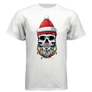 Skull Christmas Tee Shirt Design Festive Beard Art with Holiday Lights WHITE - FRONT