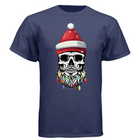 Skull Christmas Tee Shirt Design Festive Beard Art with Holiday Lights NAVY - FRONT