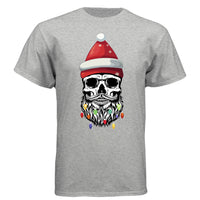 Skull Christmas Tee Shirt Design Festive Beard Art with Holiday Lights LIGHT STEEL - FRONT