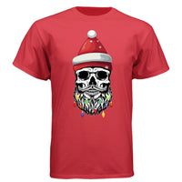 Skull Christmas Tee Shirt Design Festive Beard Art with Holiday Lights DEEP RED - FRONT