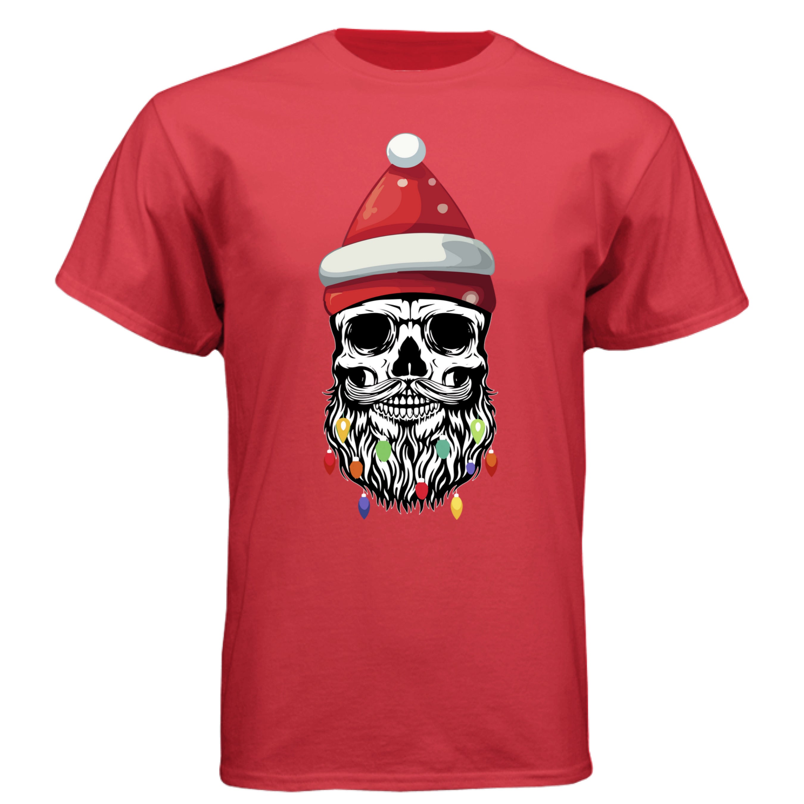 Skull Christmas Tee Shirt Design Festive Beard Art with Holiday Lights DEEP RED - FRONT