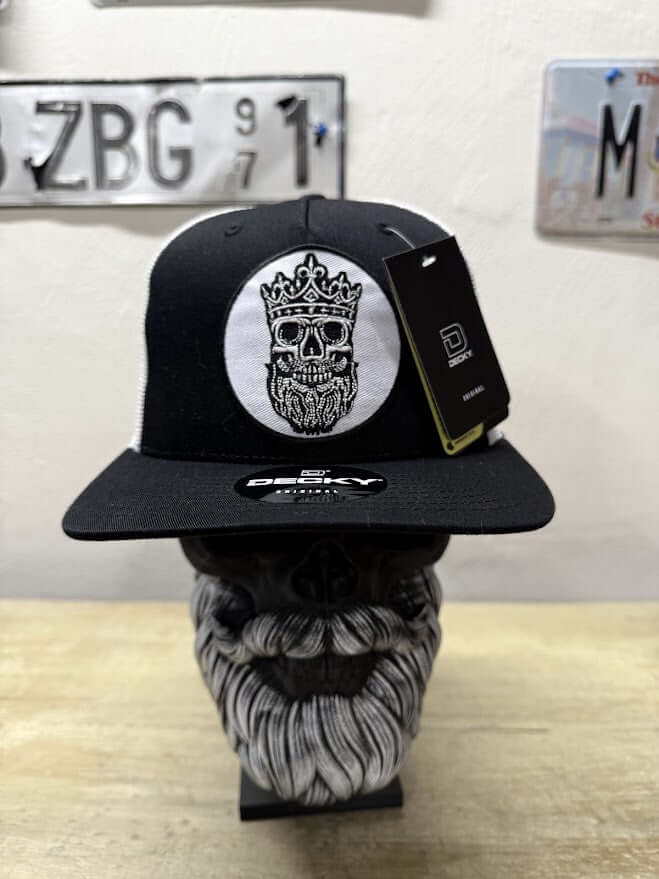 Skull King Beard Design Truck Hat- Beard Skull with Crown front