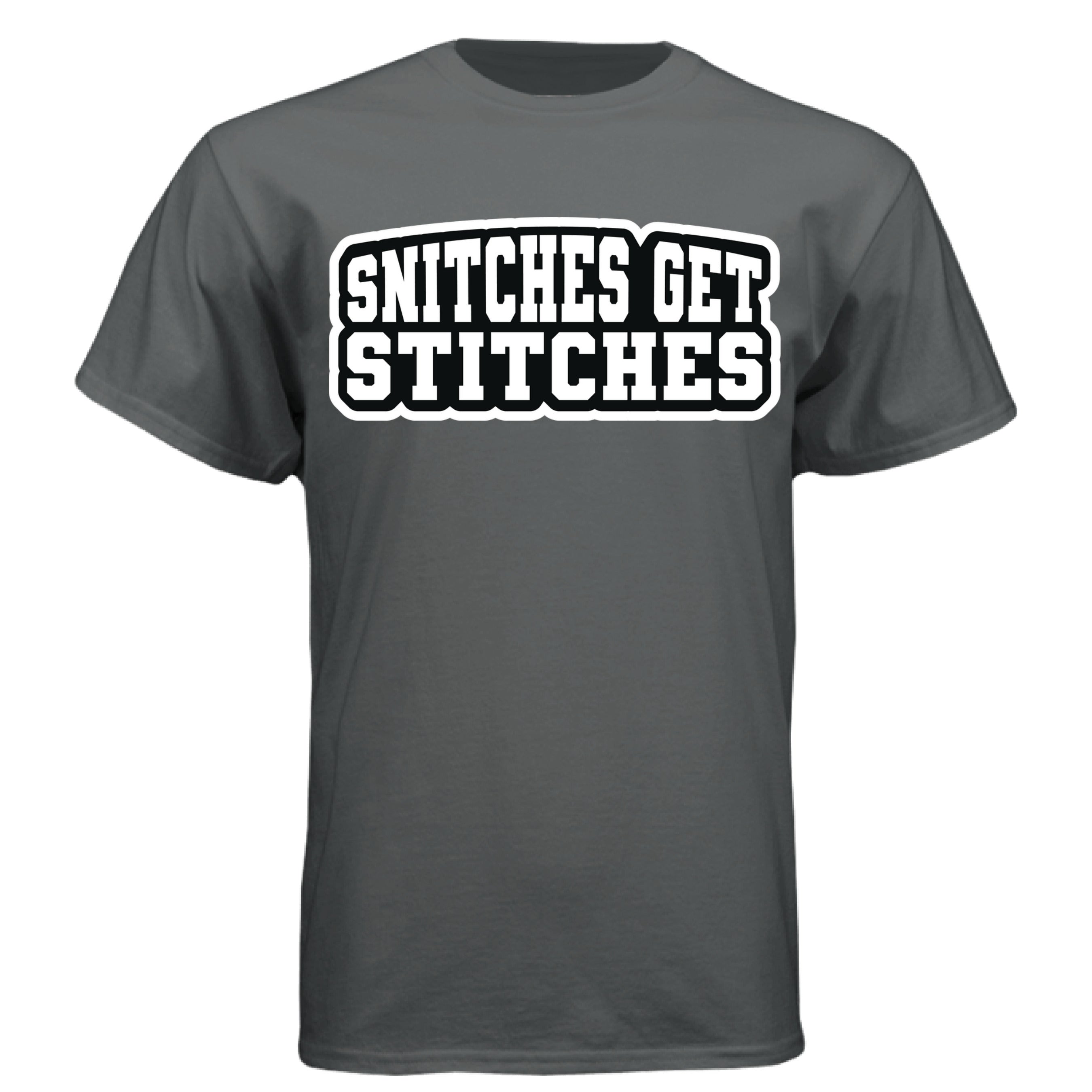 Snitches Get Stitches Tee Shirt Street Statement Retro Design CHARCOAL HEATHER - FRONT