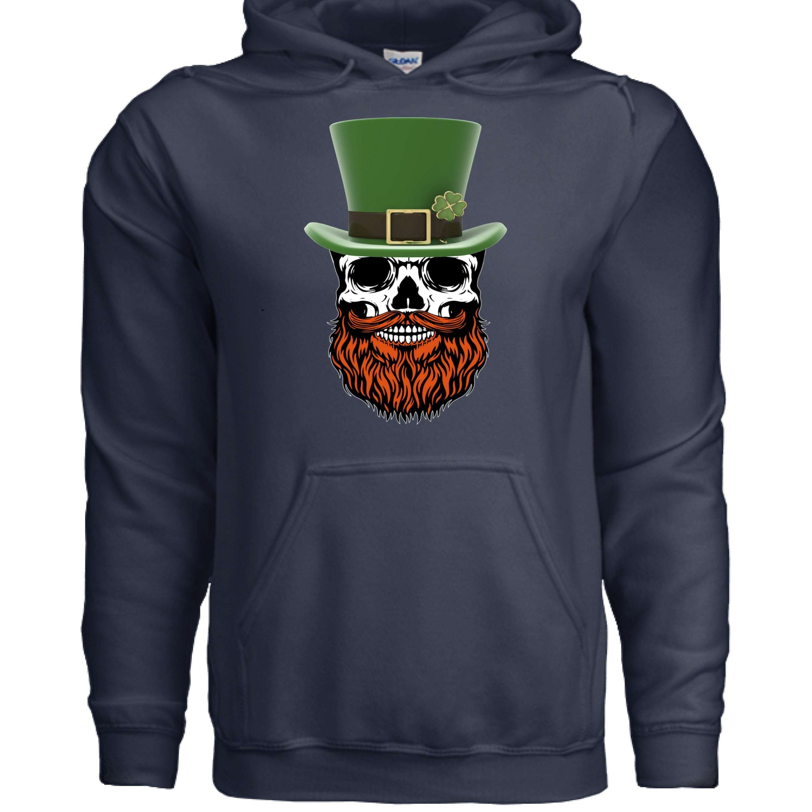 St Patty Bearded Skull Hoodie featuring a skull with a green top hat and orange beard for St Patrick's Day.