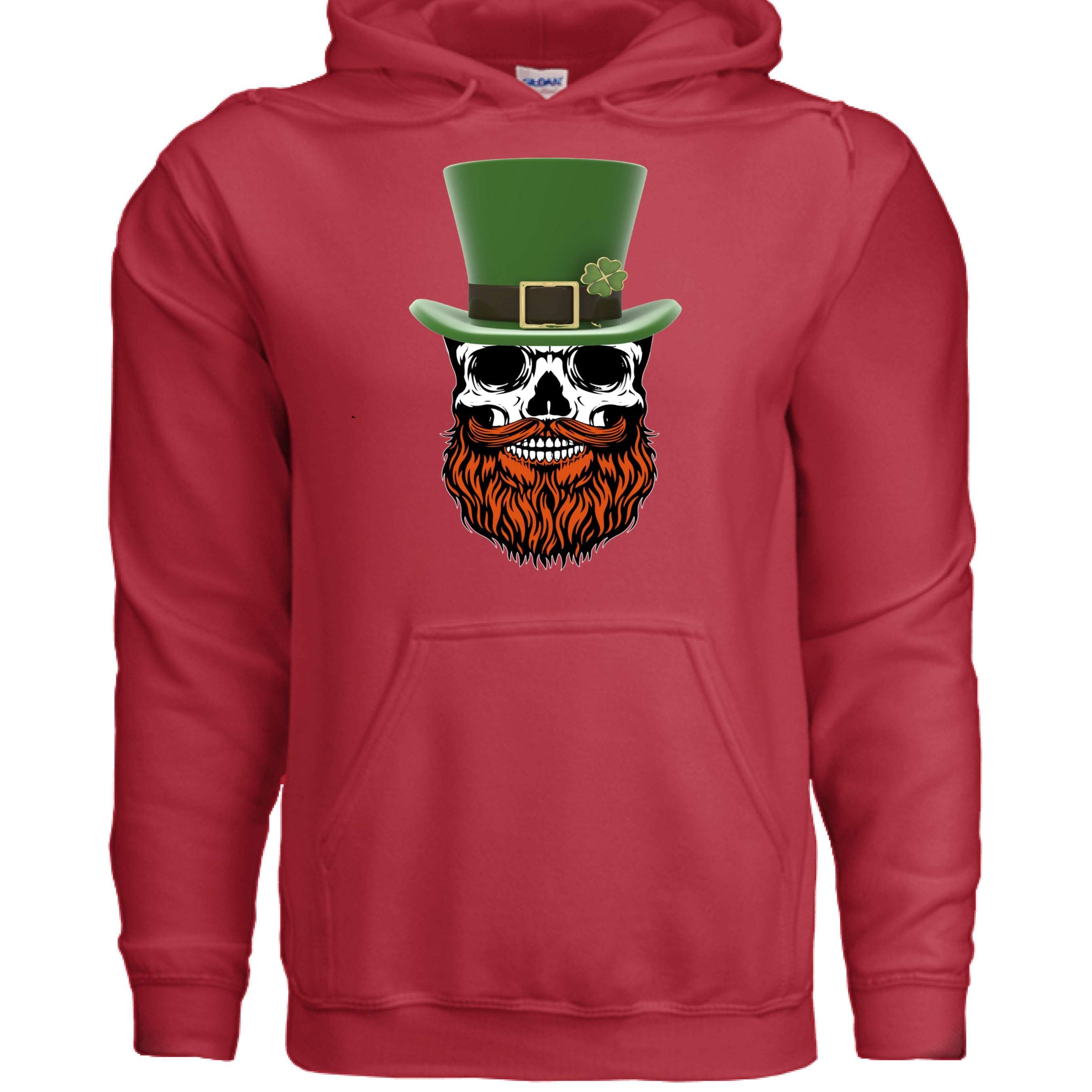 St Patty Bearded Skull hoodie featuring a graphic of a skull with a green top hat and a red beard for St Patrick's Day.