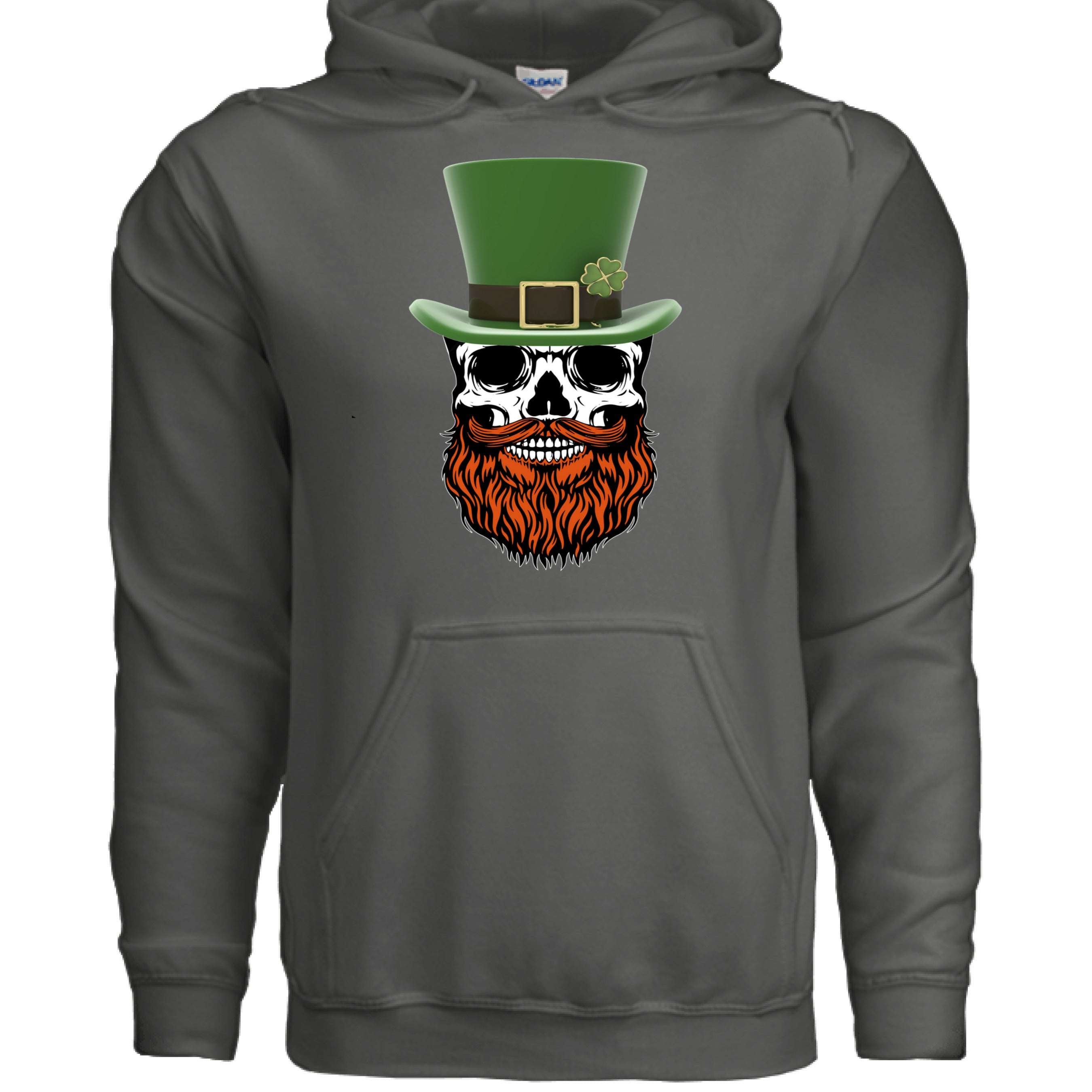 St Patty Bearded Skull Hoodie For St Patrick’s Day front view  St Patty Bearded Skull Hoodie For St Patrick’s Day graphic detail  St Patty Bearded Skull Hoodie For St Patrick’s Day side angle  Festive bearded skull St Patrick’s Day hoodie close up