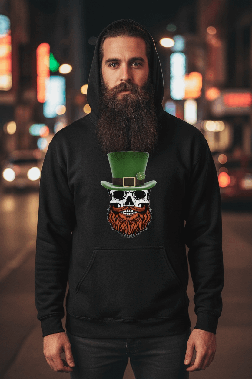 Man wearing a black hoodie with St Patty Bearded Skull design, featuring a skull and green top hat.