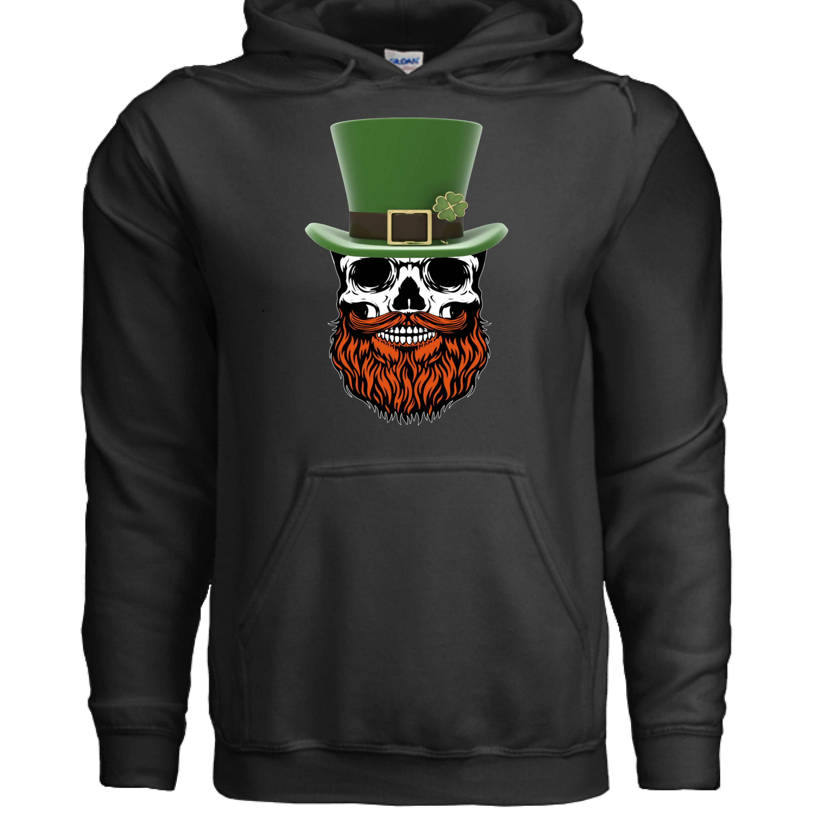 St Patty Bearded Skull hoodie featuring a skull with a green top hat and orange beard for St Patrick's Day.
