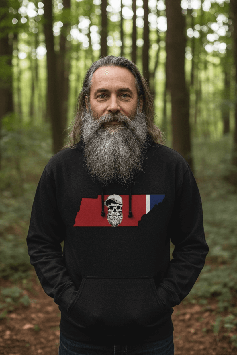 Tennessee Bearded Skull State Hoodie Southern Grit Bearded Glory front view,  Tennessee Bearded Skull State Hoodie Southern Grit Bearded Glory graphic detail,  Tennessee Bearded Skull State Hoodie Southern Grit back view  Southern Grit Bearded Glory ,Tennessee skull design close up