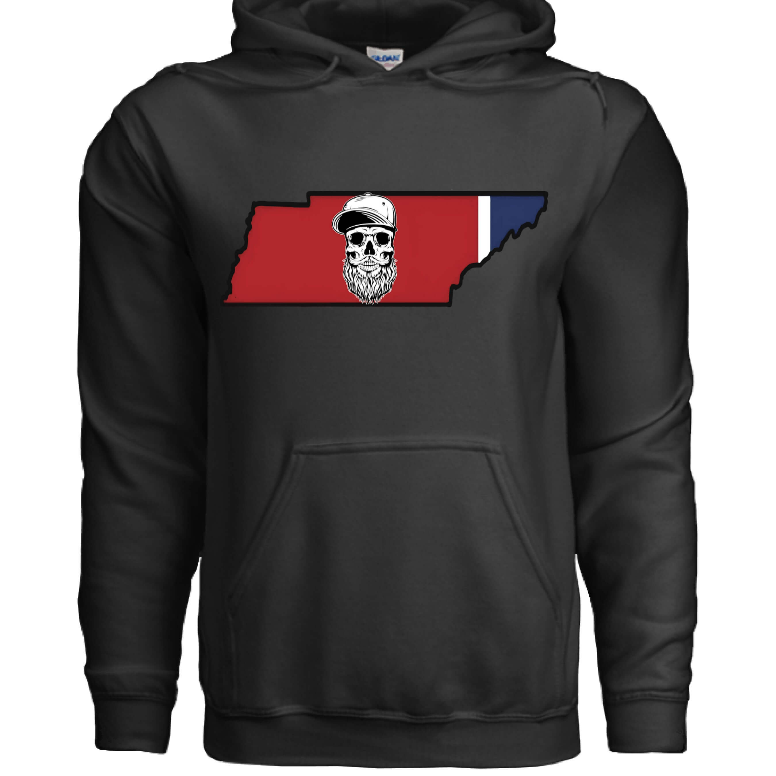 Tennessee Bearded Skull State Hoodie Southern Grit Bearded Glory front view,  Tennessee Bearded Skull State Hoodie Southern Grit Bearded Glory graphic detail,  Tennessee Bearded Skull State Hoodie Southern Grit back view  Southern Grit Bearded Glory ,Tennessee skull design close up