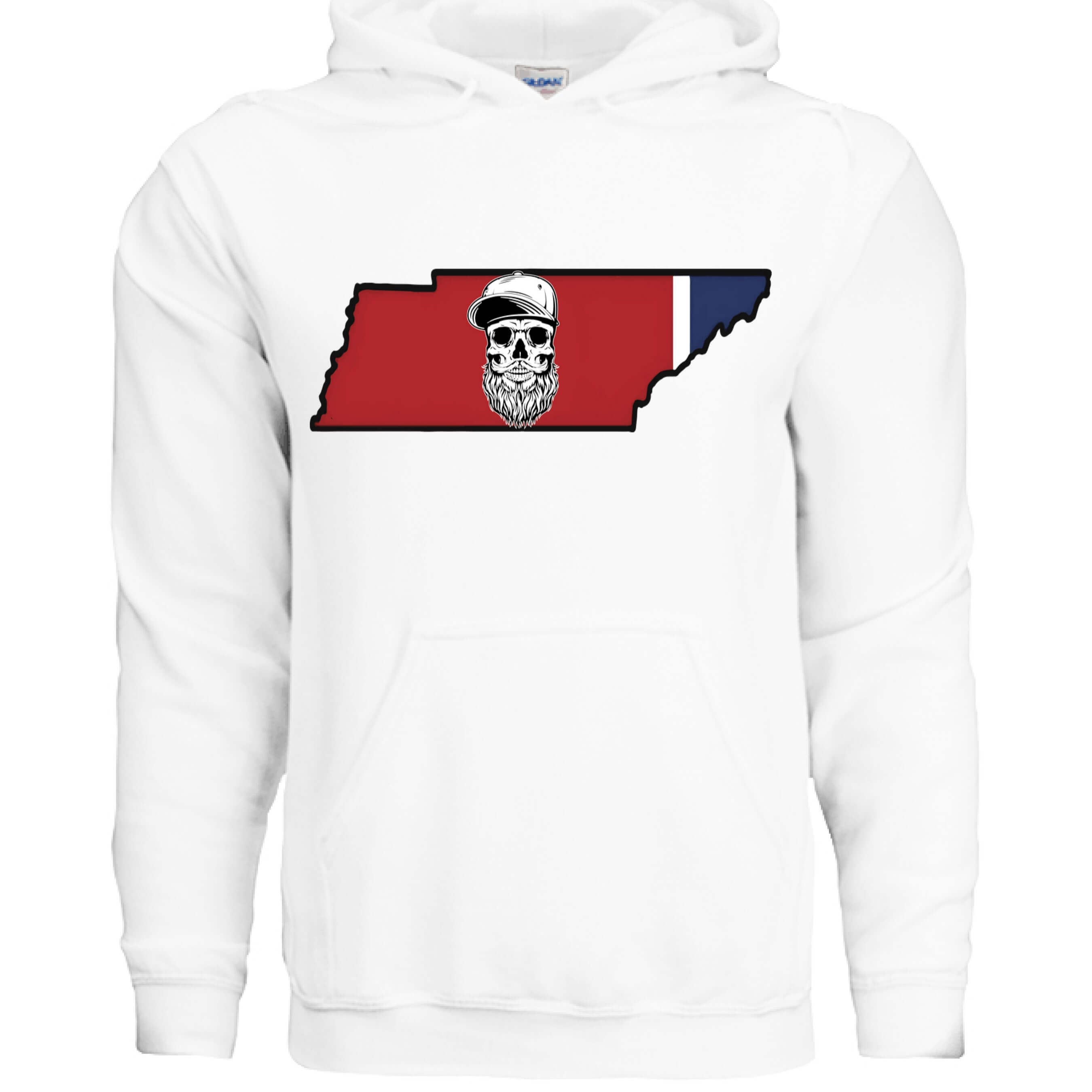 Tennessee Bearded Skull State Hoodie Southern Grit Bearded Glory front view,  Tennessee Bearded Skull State Hoodie Southern Grit Bearded Glory graphic detail,  Tennessee Bearded Skull State Hoodie Southern Grit back view  Southern Grit Bearded Glory ,Tennessee skull design close up