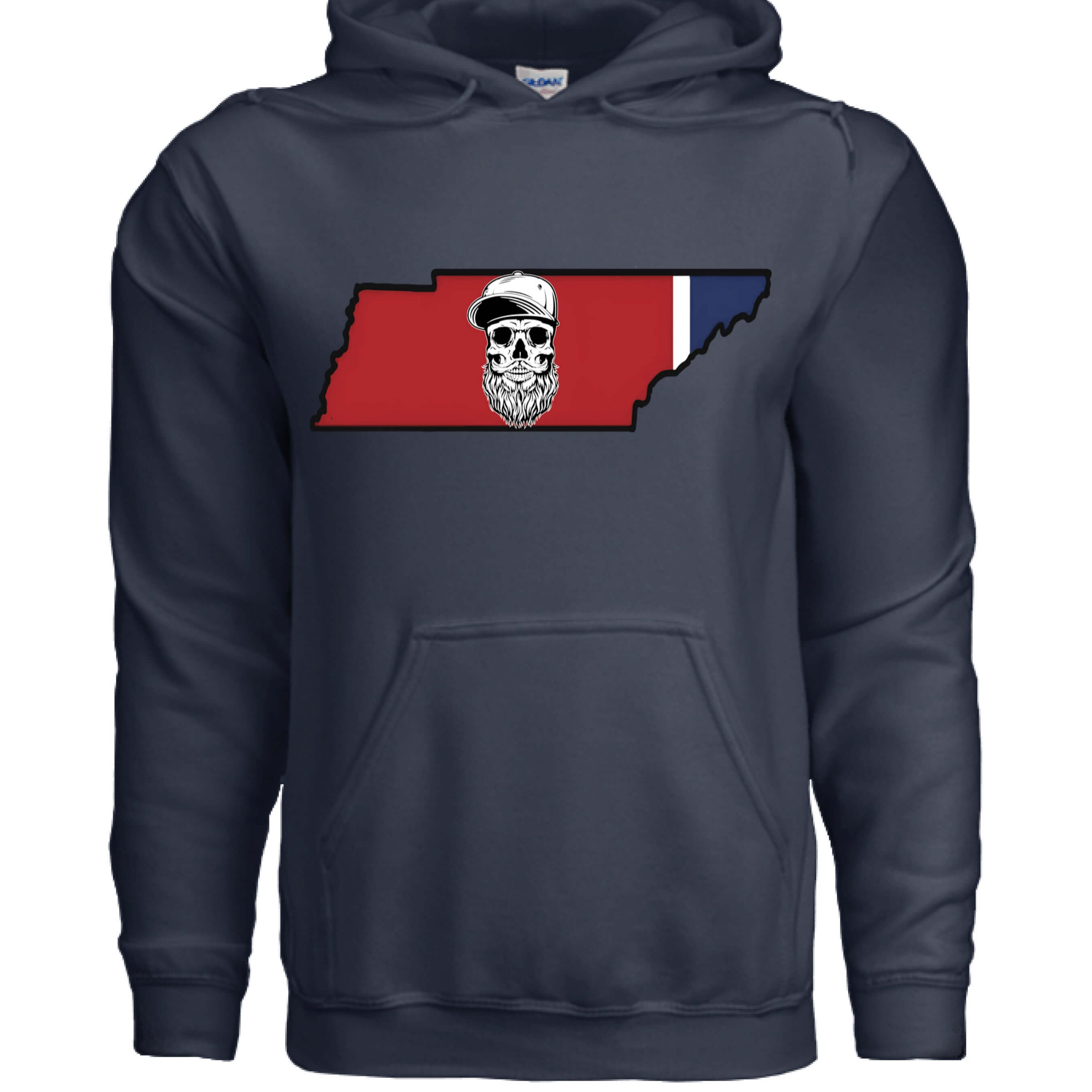 Tennessee Bearded Skull State Hoodie Southern Grit Bearded Glory front view  Tennessee Bearded Skull State Hoodie Southern Grit Bearded Glory graphic detail  Tennessee Bearded Skull State Hoodie Southern Grit back view  Southern Grit Bearded Glory Tennessee skull design close up