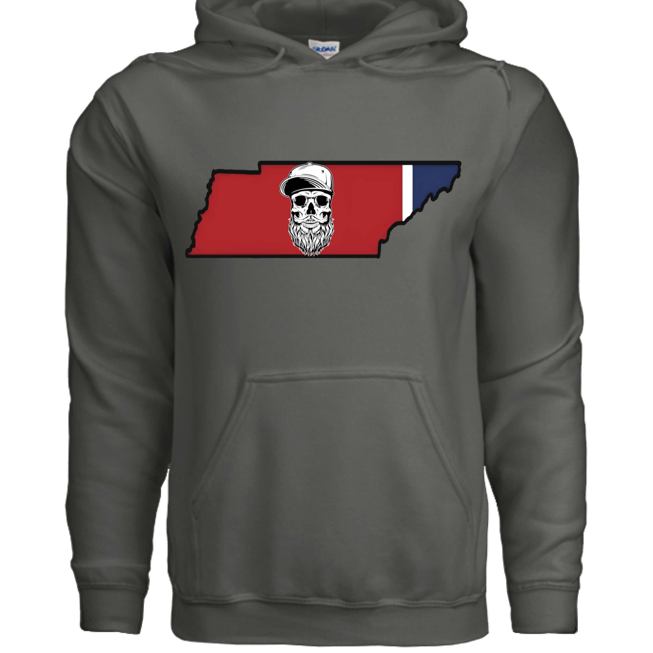 Tennessee Bearded Skull State Hoodie Southern Grit Bearded Glory front view  Tennessee Bearded Skull State Hoodie Southern Grit Bearded Glory graphic detail  Tennessee Bearded Skull State Hoodie Southern Grit back view  Southern Grit Bearded Glory Tennessee skull design close up