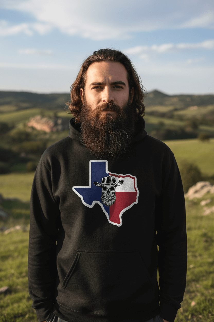 Texas Bearded Skull Cowboy Hoodie Rugged Style for the True Beard Man
