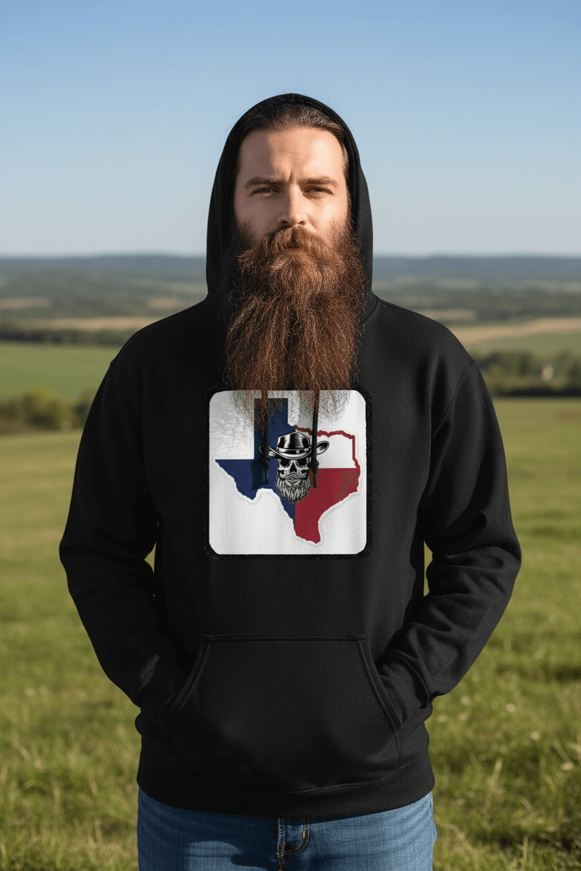 Texas Skull Graphic Hoodie with Cowboy Hat and Flag Colors front view,  Texas Skull Graphic Hoodie with Cowboy Hat and Flag Colors design detail , Texas Skull Cowboy Hat Flag Colors Hoodie side view , Texas Skull Graphic Hoodie cowboy hat skull graphic close up